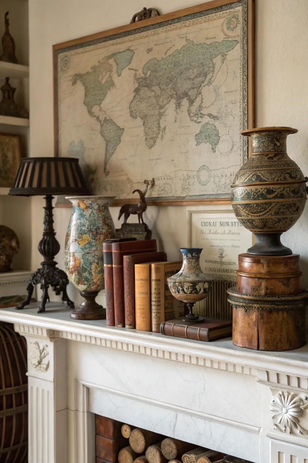 This mantel is given an intriguing twist by unexpected elements.