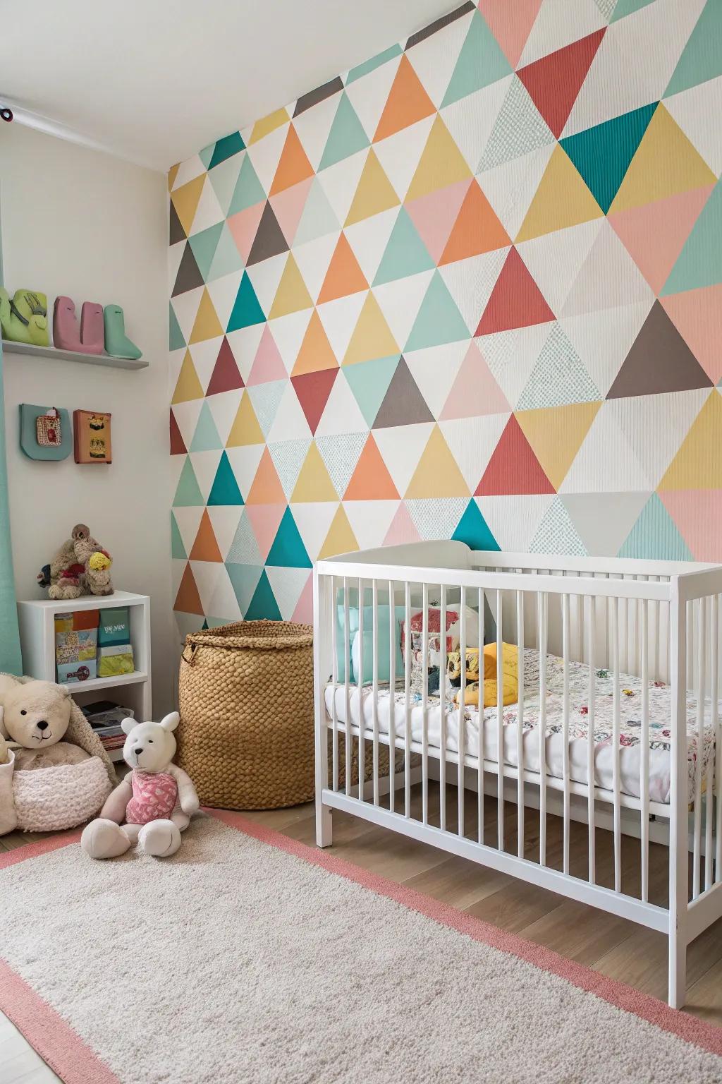 A notable wall showcasing geometric designs infuses visual intrigue.