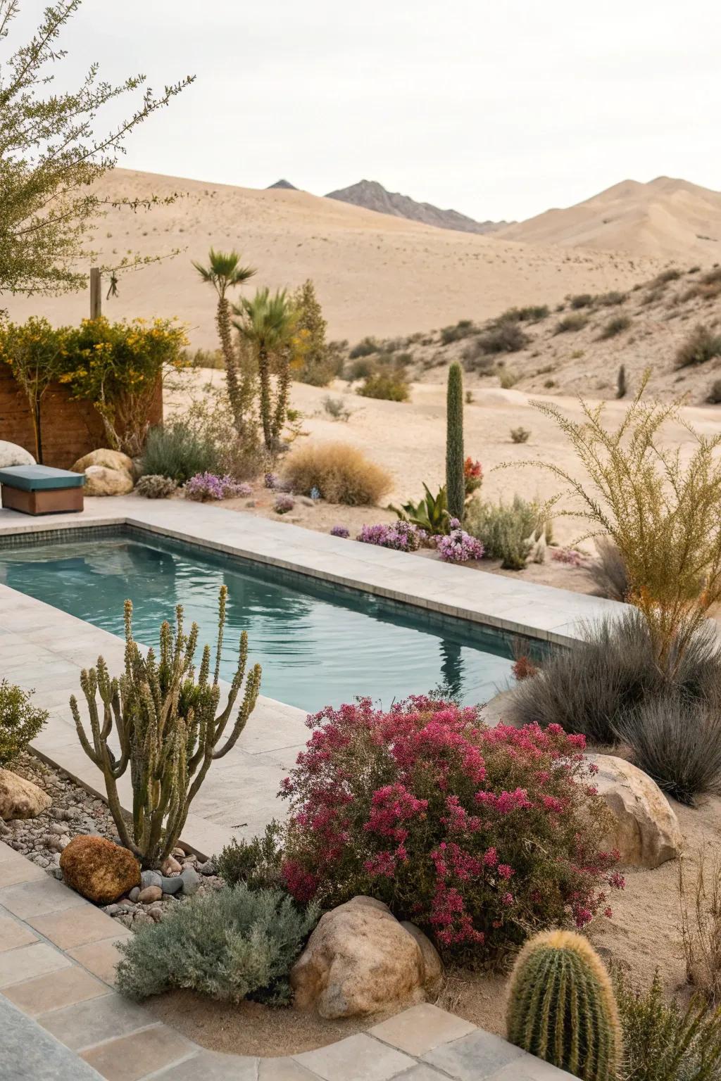 Desert-style bushes giving a picturesque and exotic vibe.