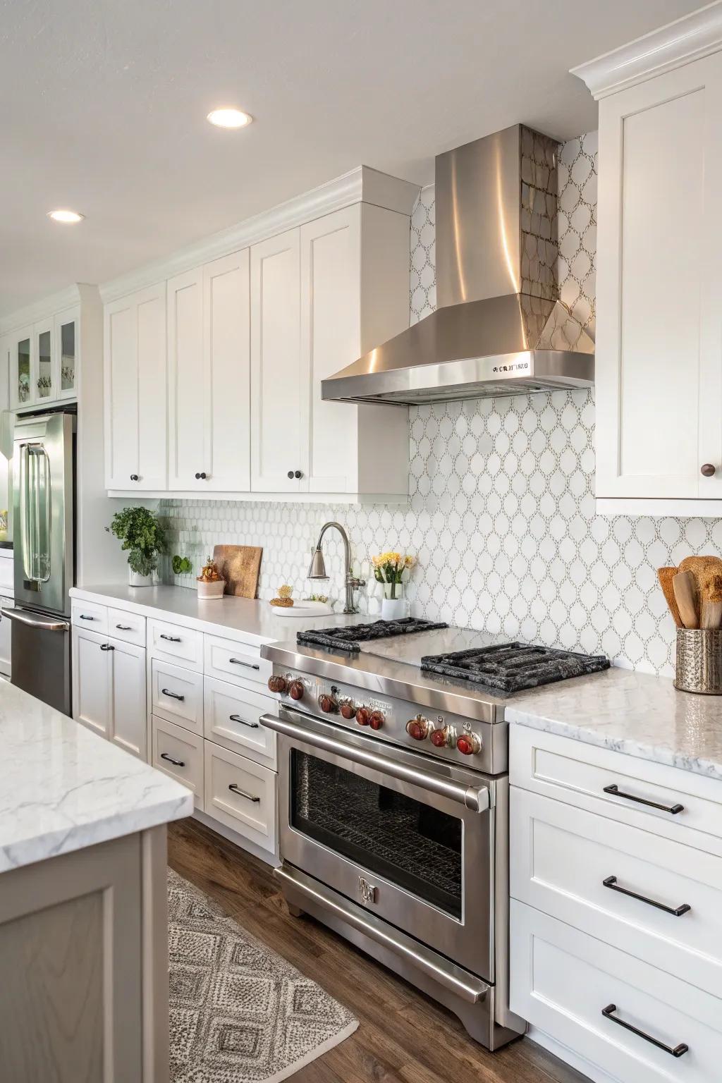 Textural diversity elevates the visual interest of a white kitchen.