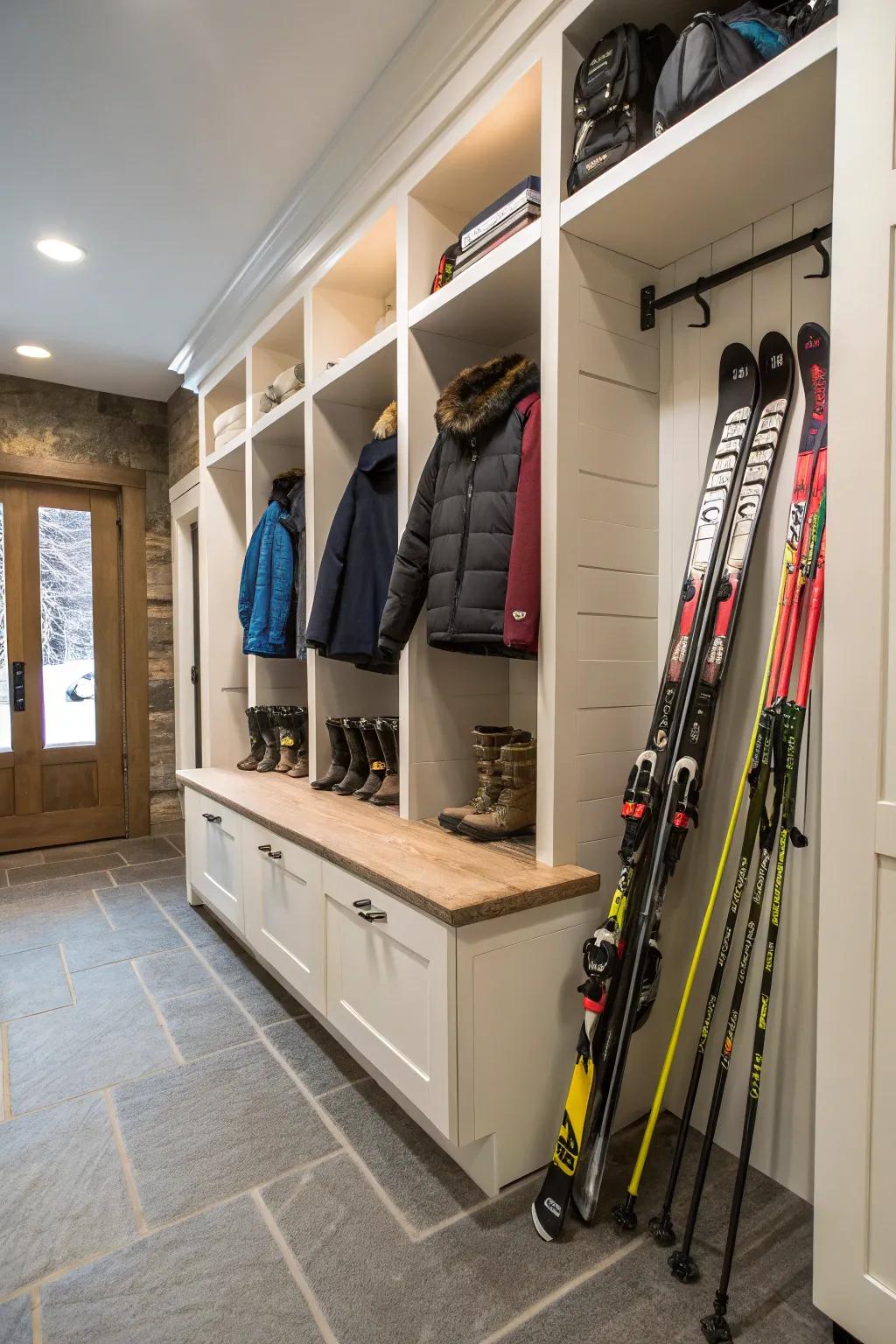 Under-bench storage keeps skis hidden yet readily available.