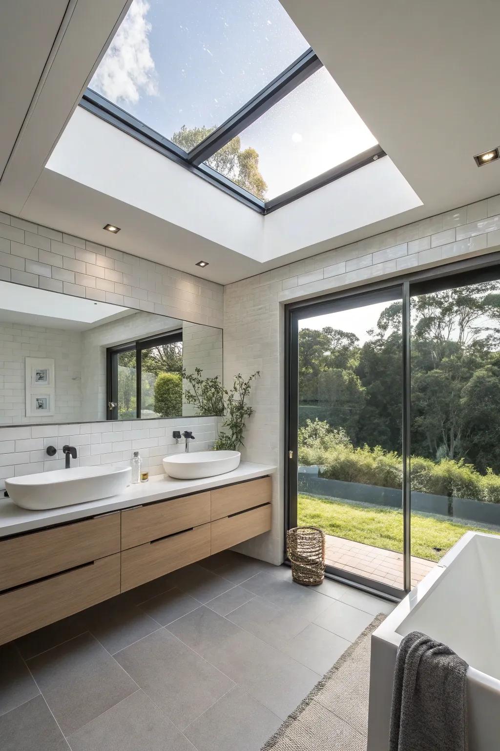 A bathroom showing off a skylight with invisible trim.
