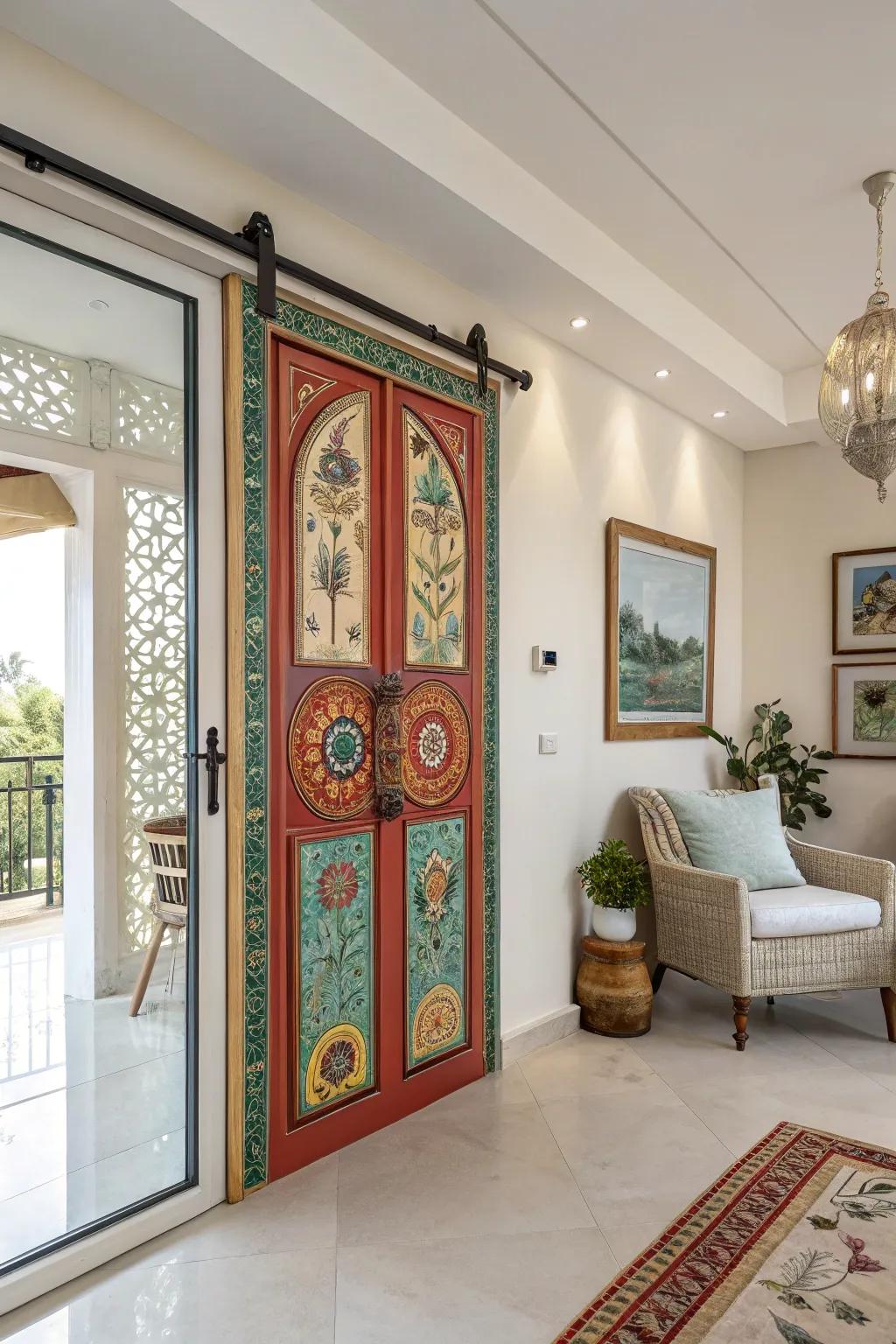 An artistic sliding door becomes a stunning focal point in the room.