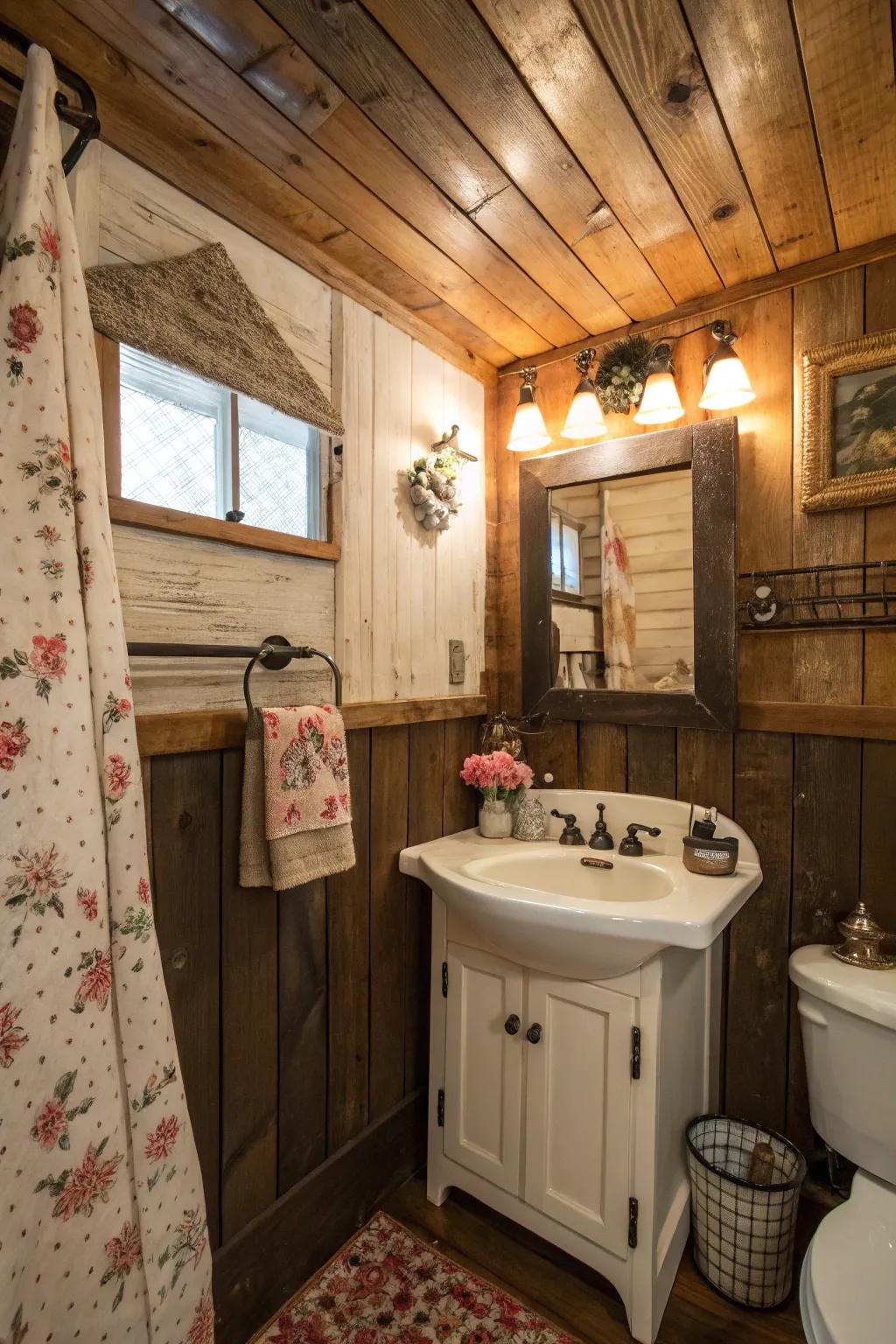 Upcycled wood adds historical charm to this bathroom.