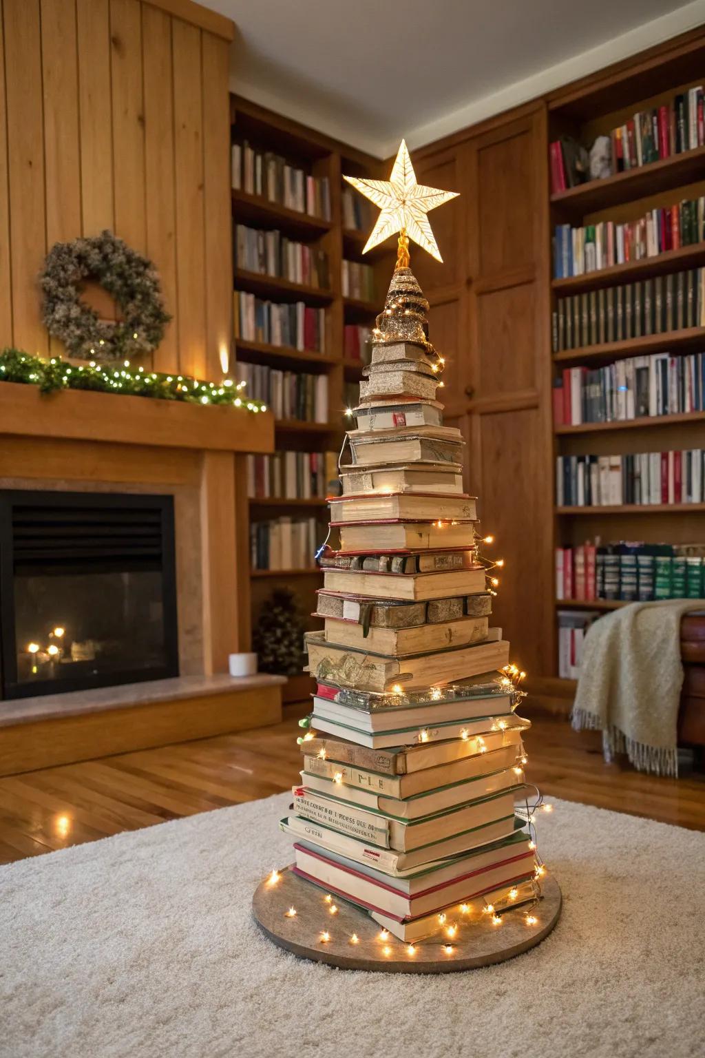 A creative book tree adds a literary slant to holiday decorations.
