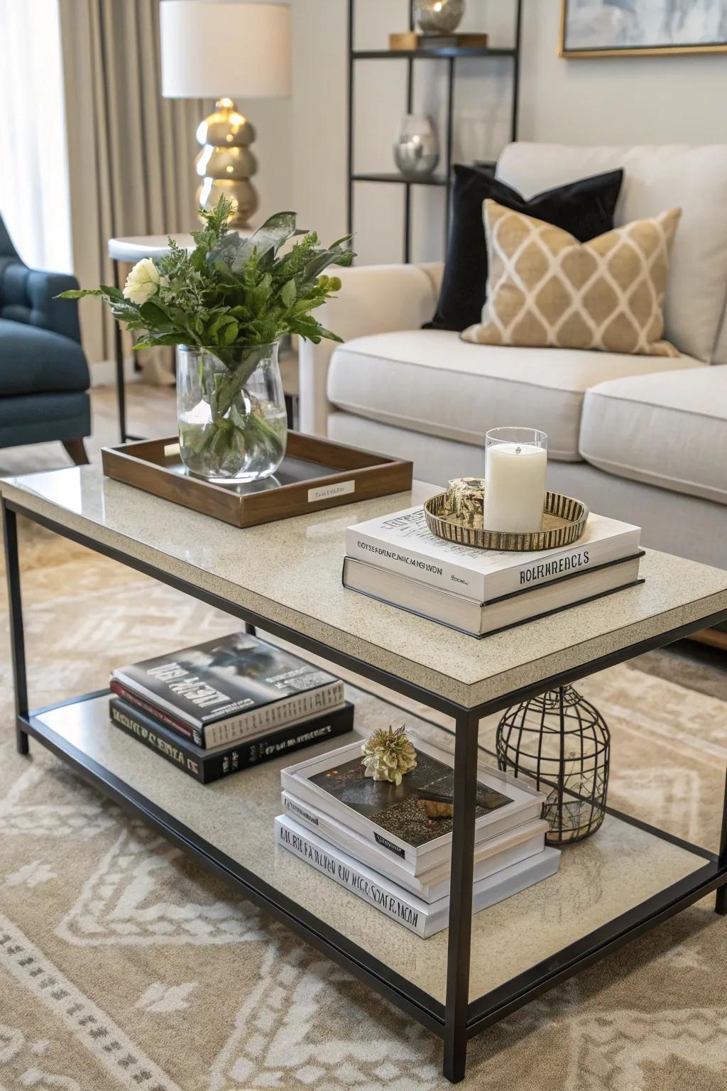 Two-tiered tables maximize storage in limited spaces.