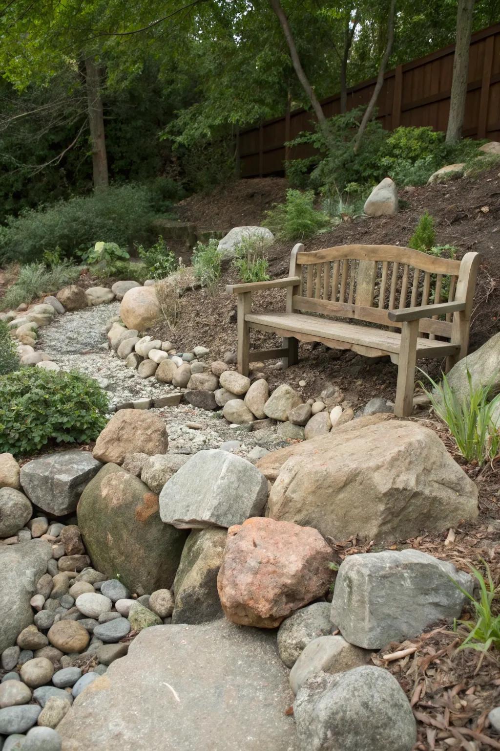 A cozy sitting spot within a corner rockery.