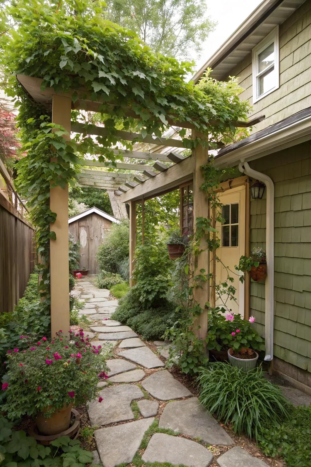 A DIY trellis offers shade and backs greenery.
