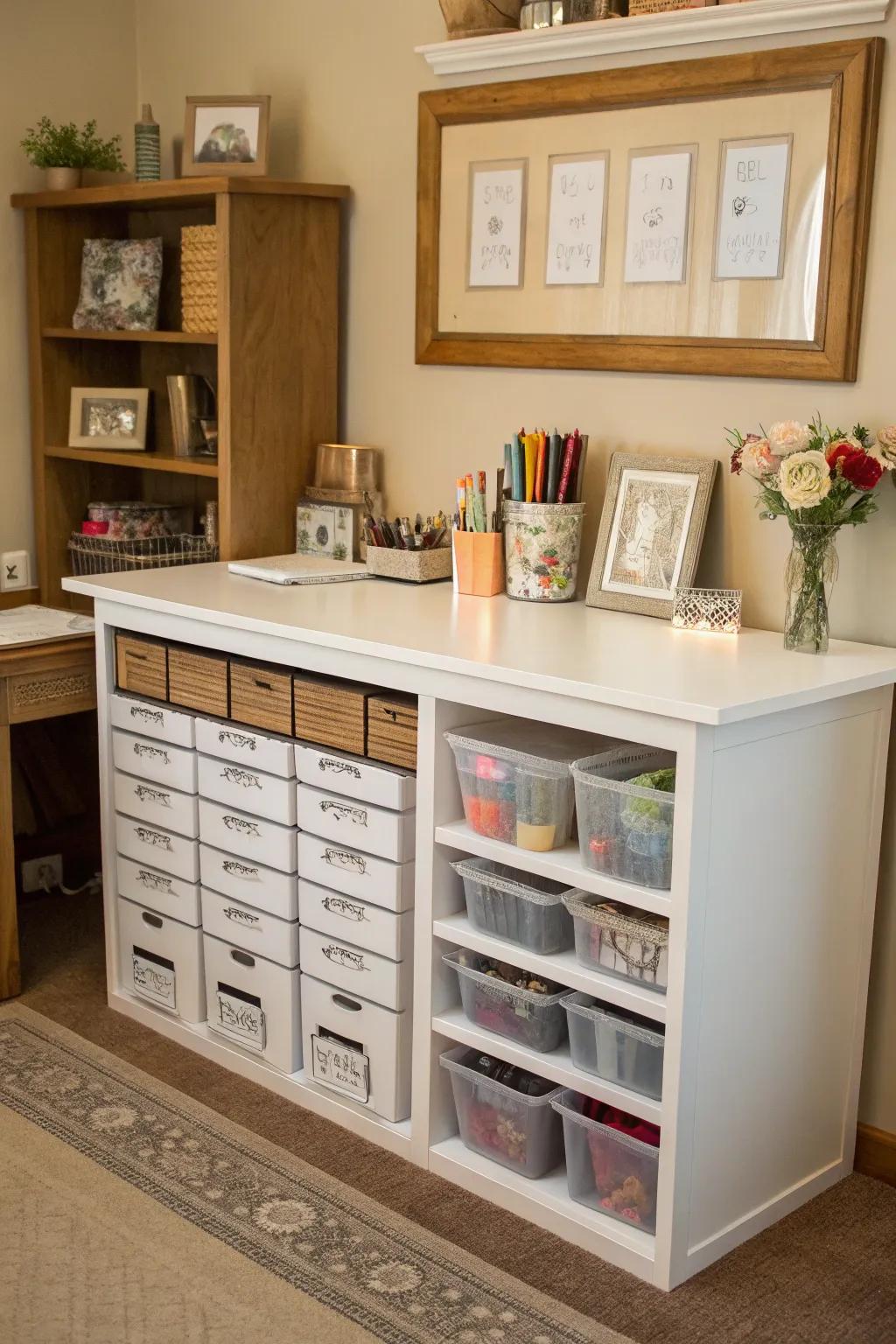 Under-desk storage maximizes space without creating clutter in the room.