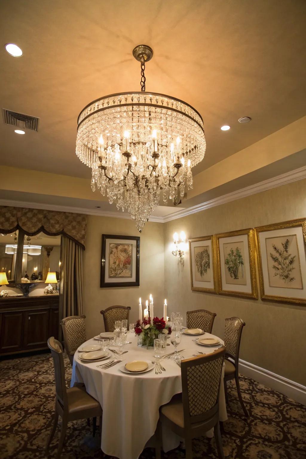 Cascading chandeliers enhance compact dining rooms with elegance and texture.