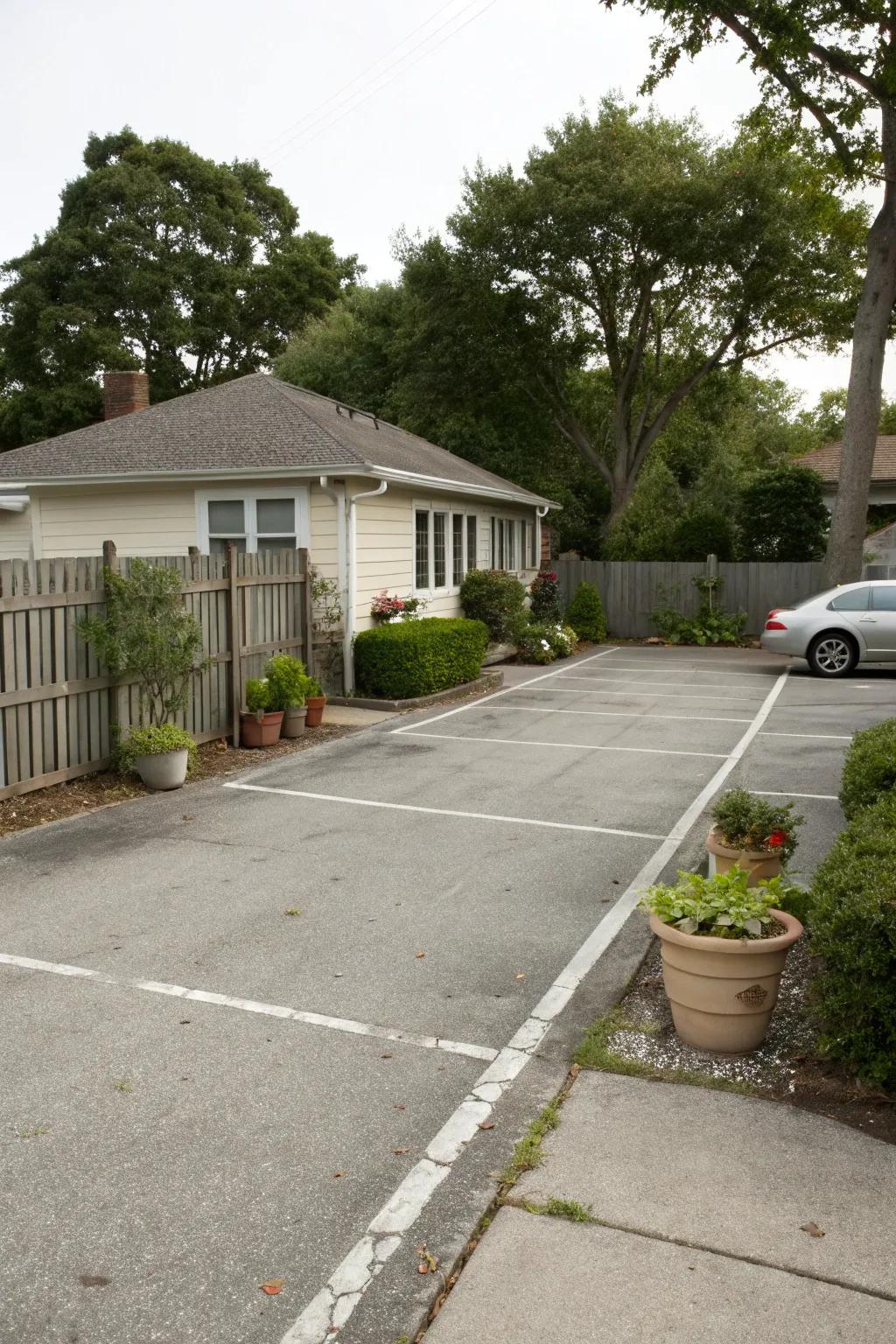 A double wide driveway capitalizes on parking space in a compact yard.