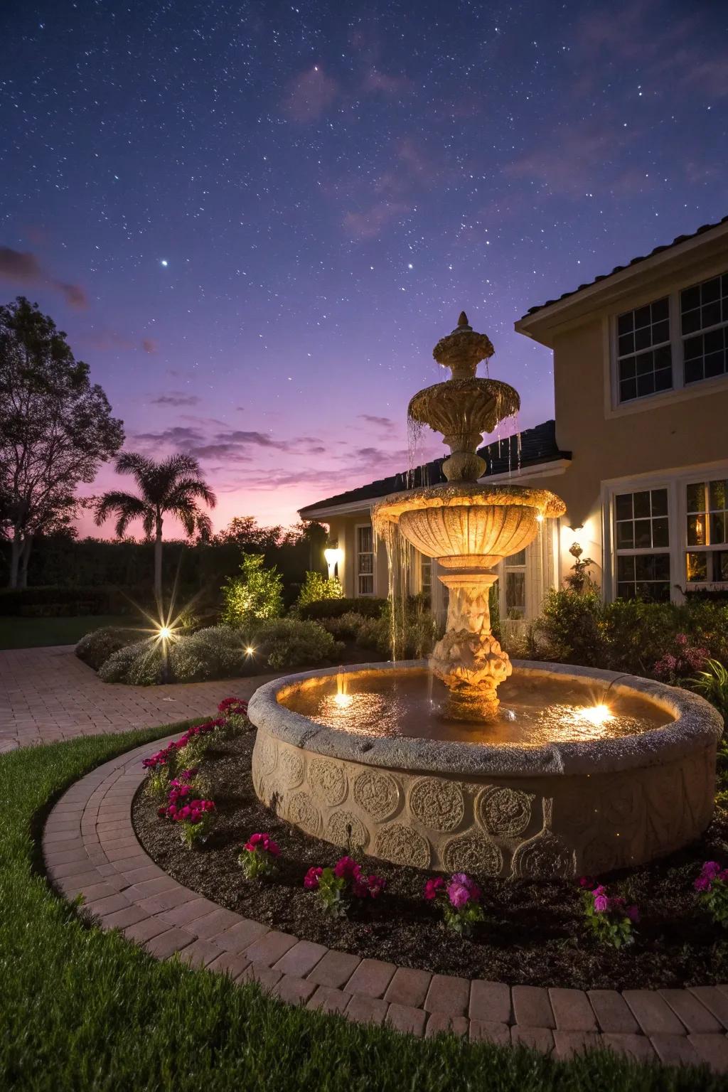 Illuminated lights transform a water feature into an evening spectacle.