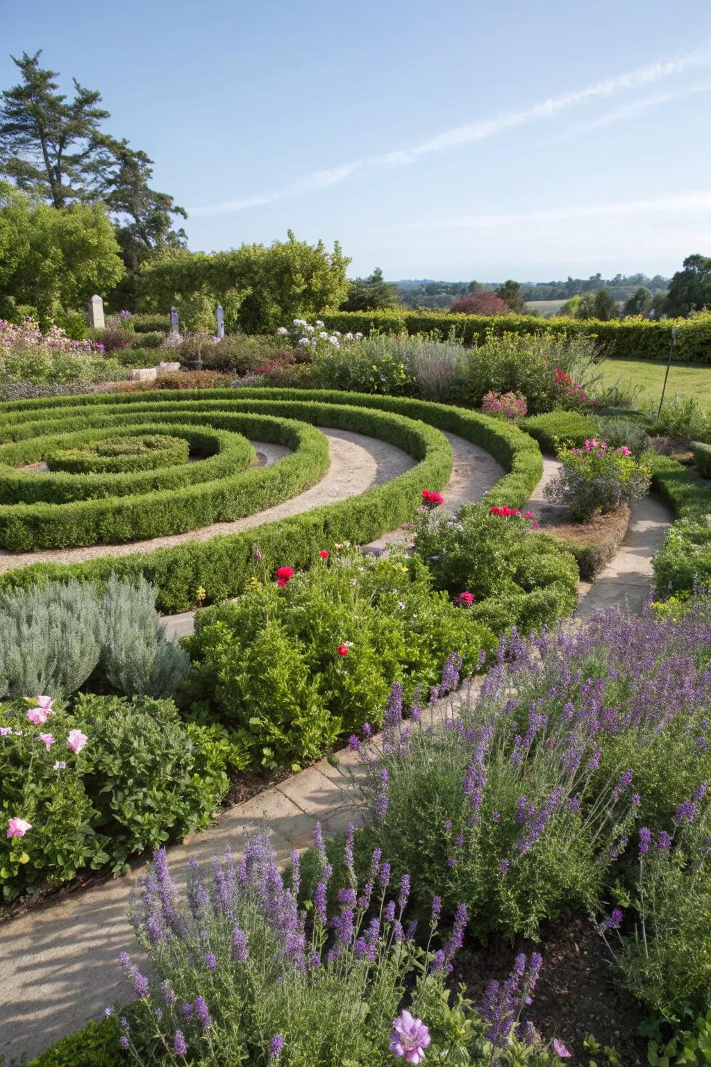 An herb coiled labyrinth merging allure and practicality.