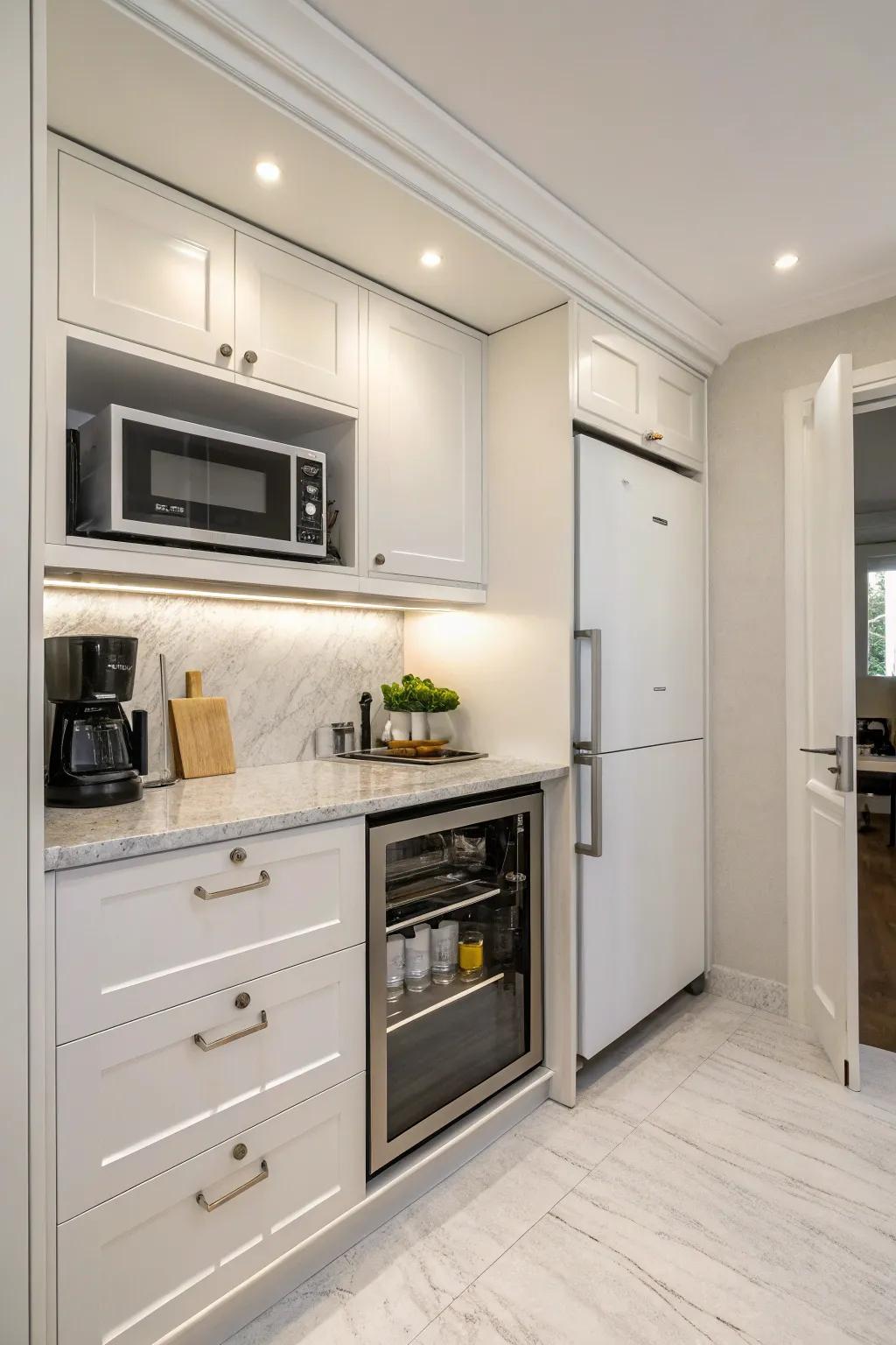 Integrated appliances fashion a streamlined, uncluttered kitchen aesthetic.