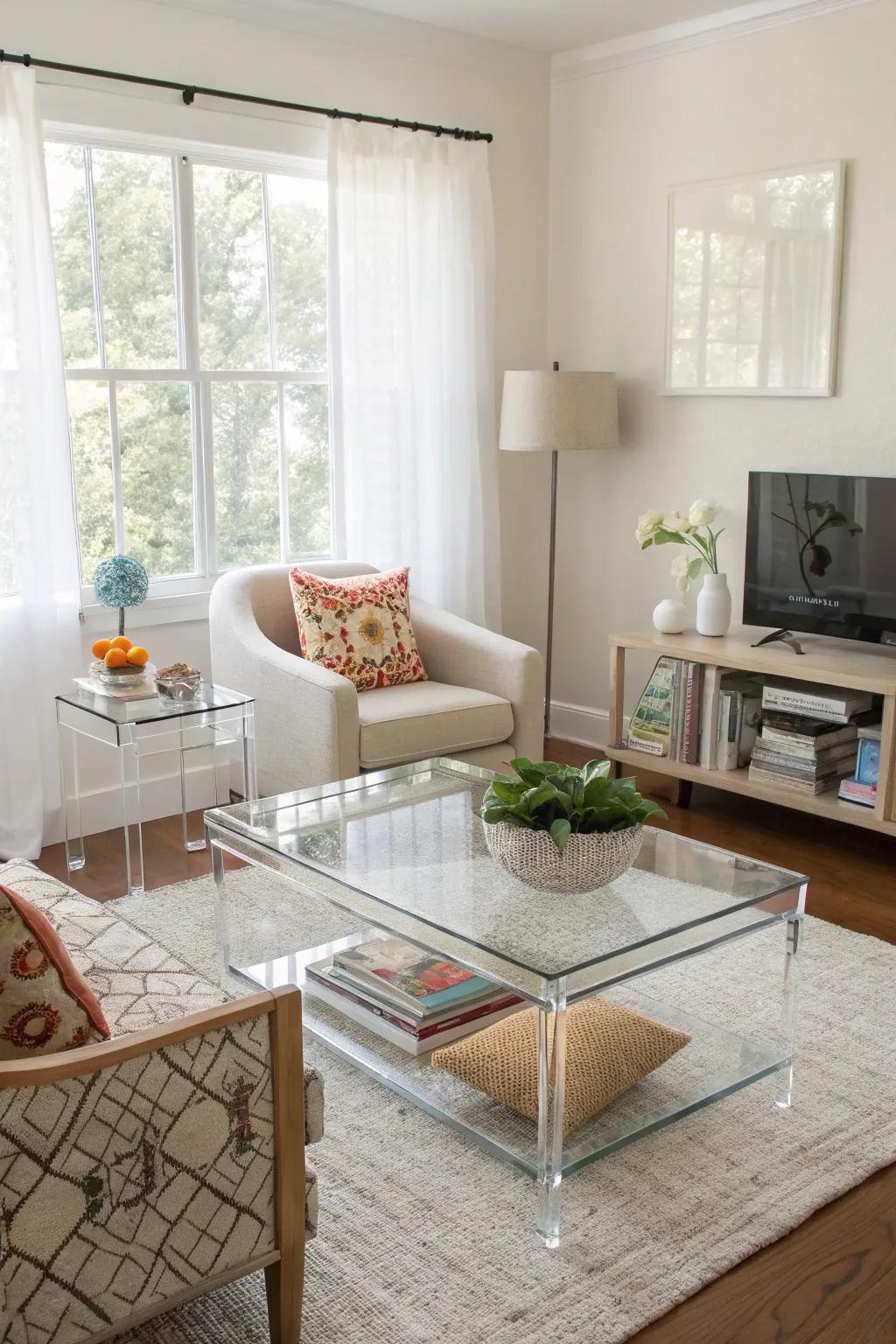 Clear furniture provides utility without the bulk.