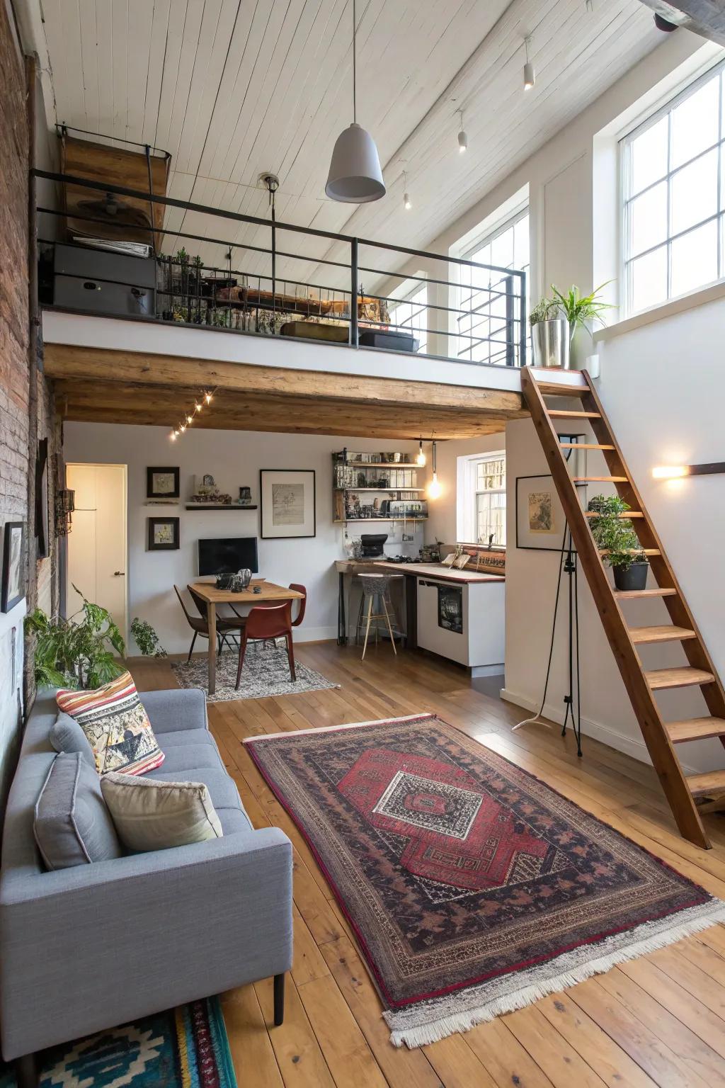 Rugs are useful for defining and separating spaces within a compact loft.