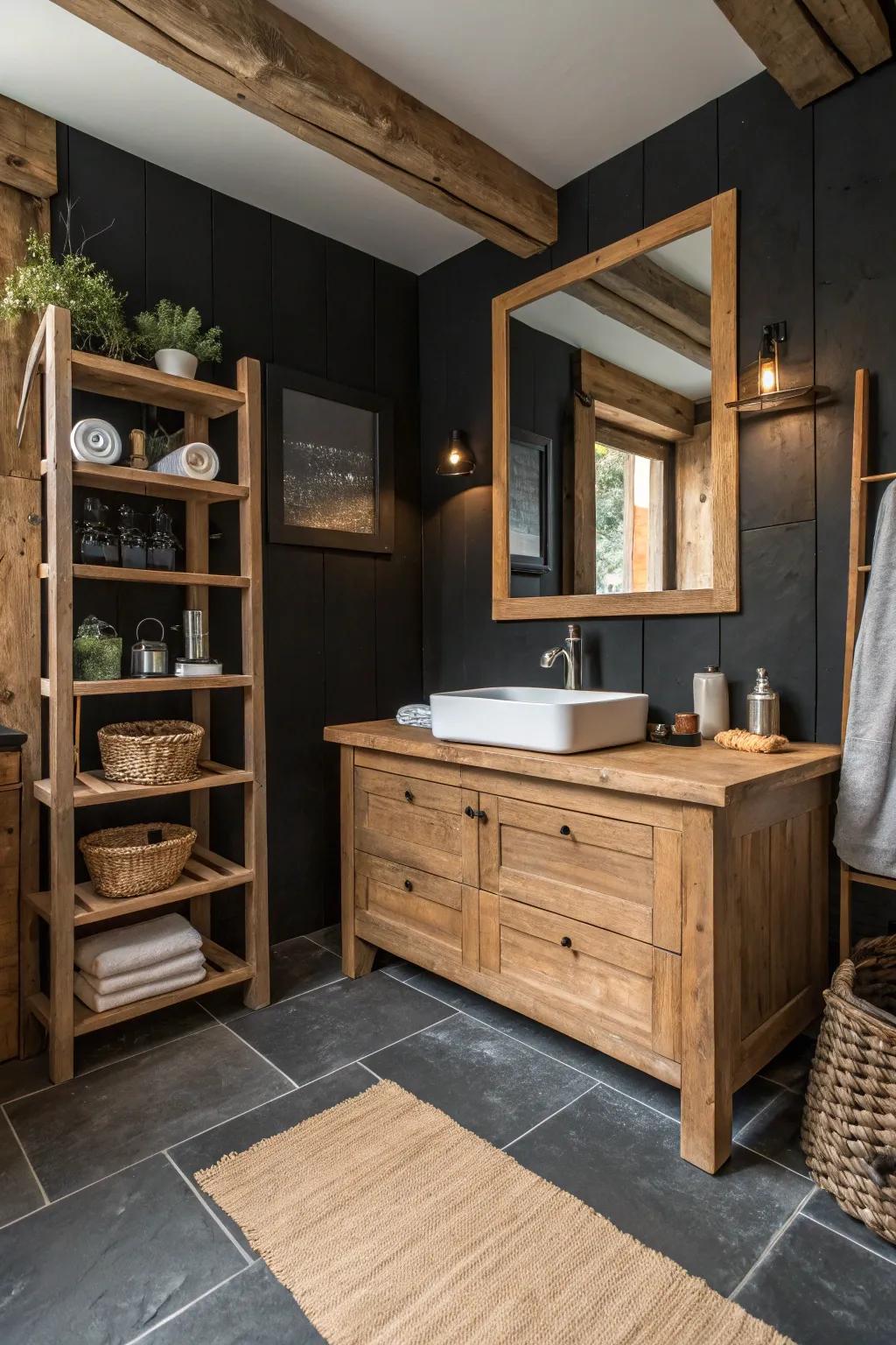 High contrast colors create visual interest in a countryside bathroom.