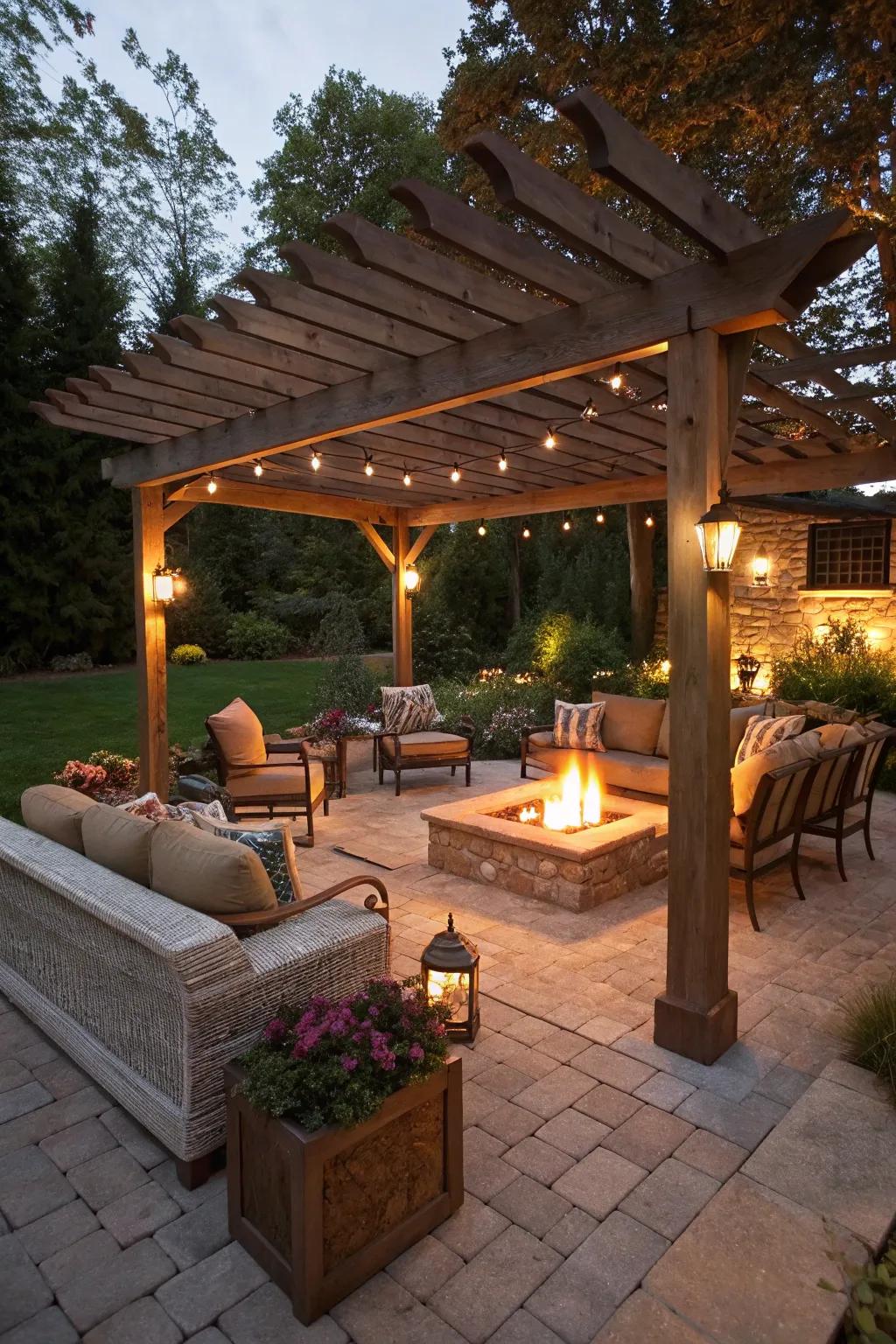 A bonfire pit underneath a framework conceives a comfy gathering spot on a small patio.