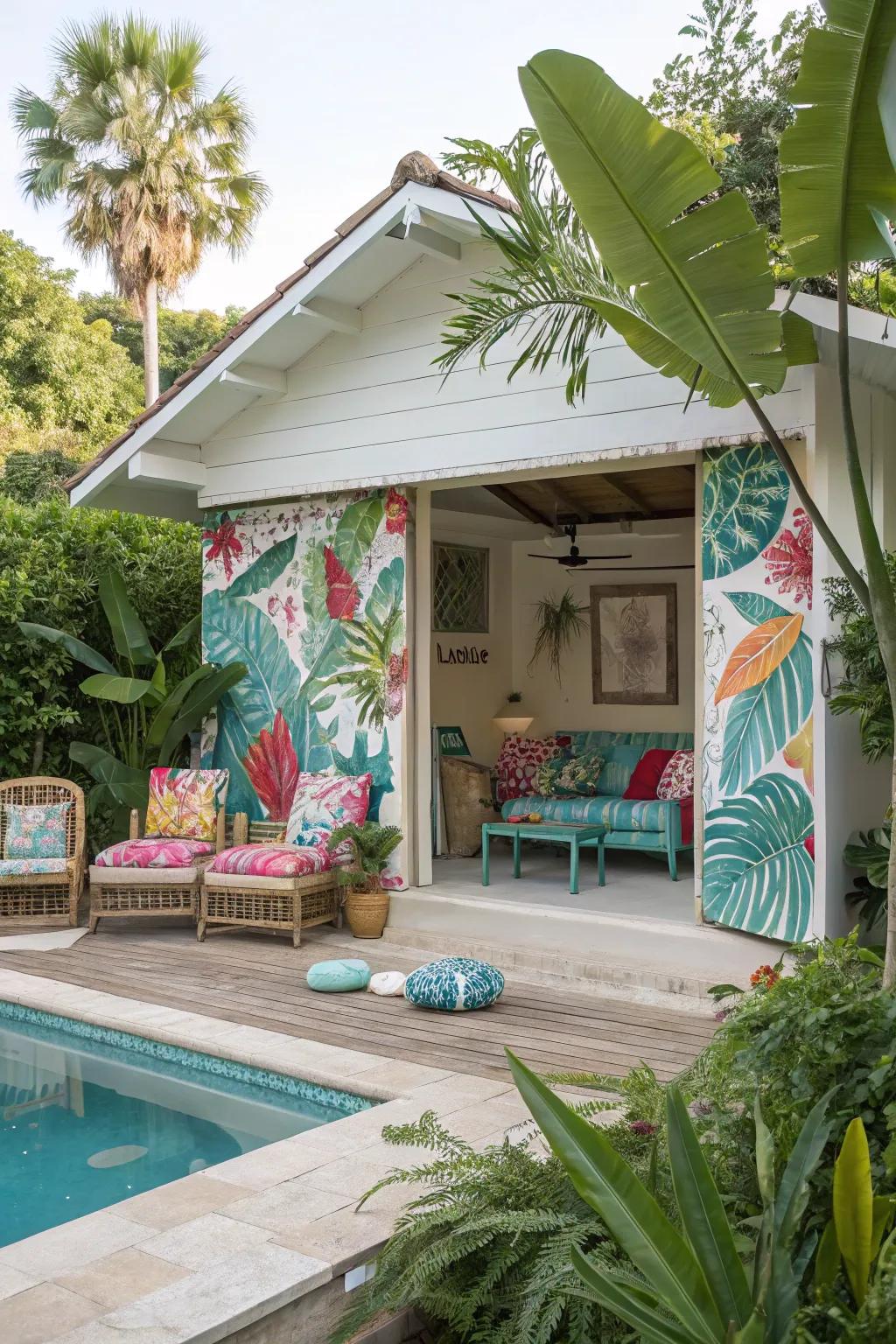 Getaway vibe with tropical prints and decor.