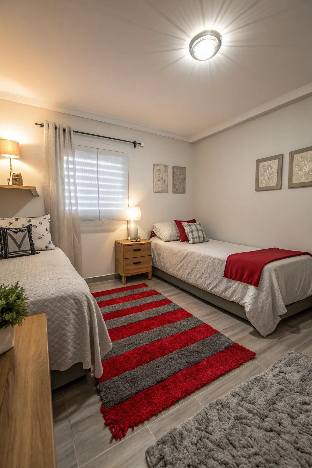A small bedroom with a scarlet or charcoal accent rug contributing warmth and defining space.
