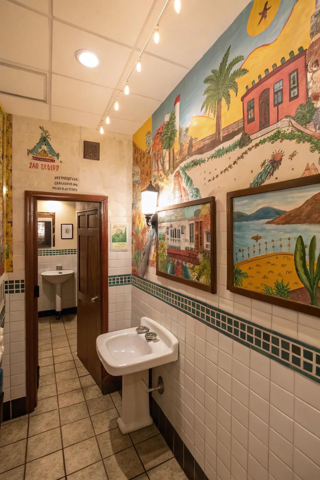 Art transforms bathrooms into memorable areas.