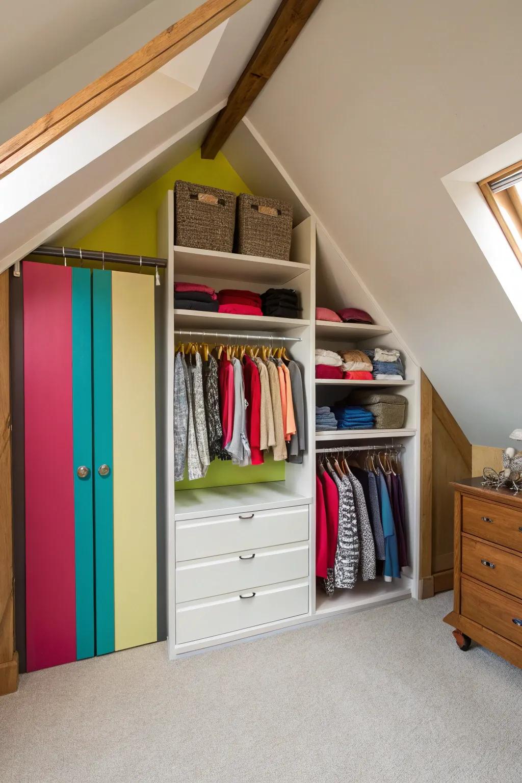 Intense colors can turn an attic closet into a lively space.