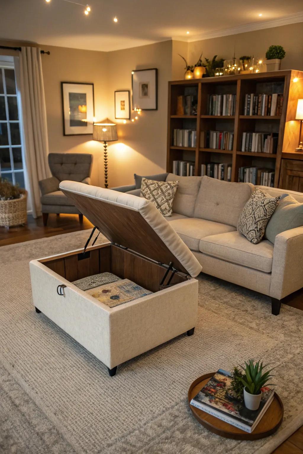 An ottoman in a living space that provides concealed storage space.