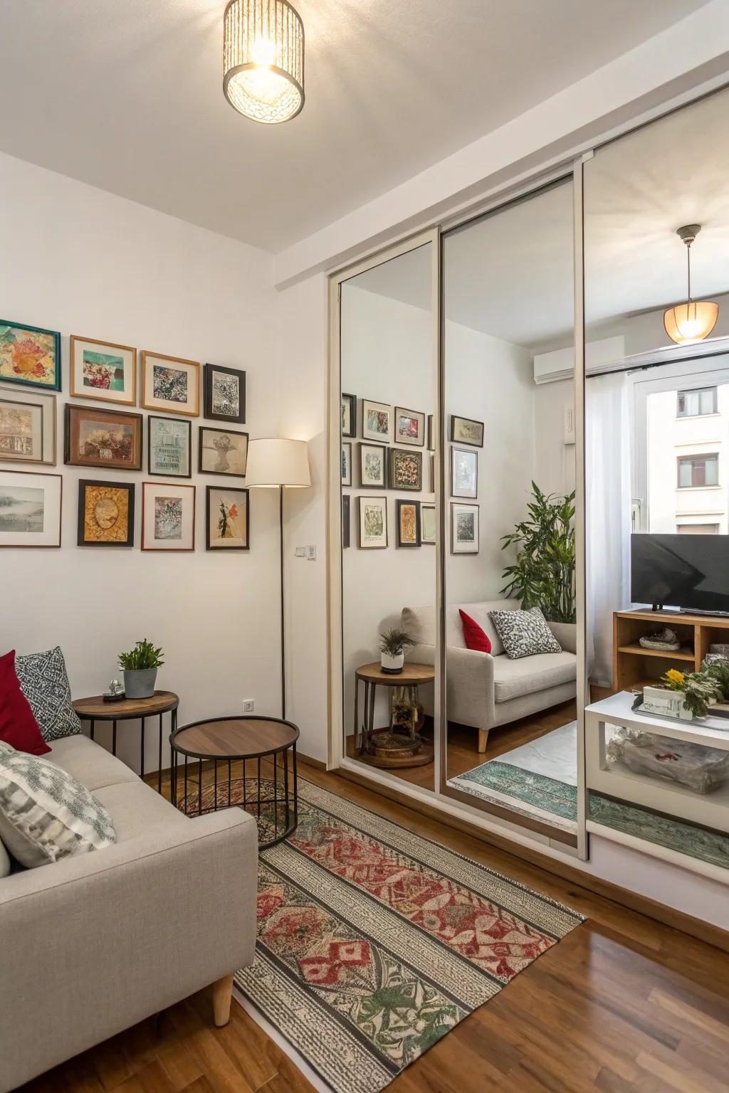 Mirrors and wall art enhance the sense of space.