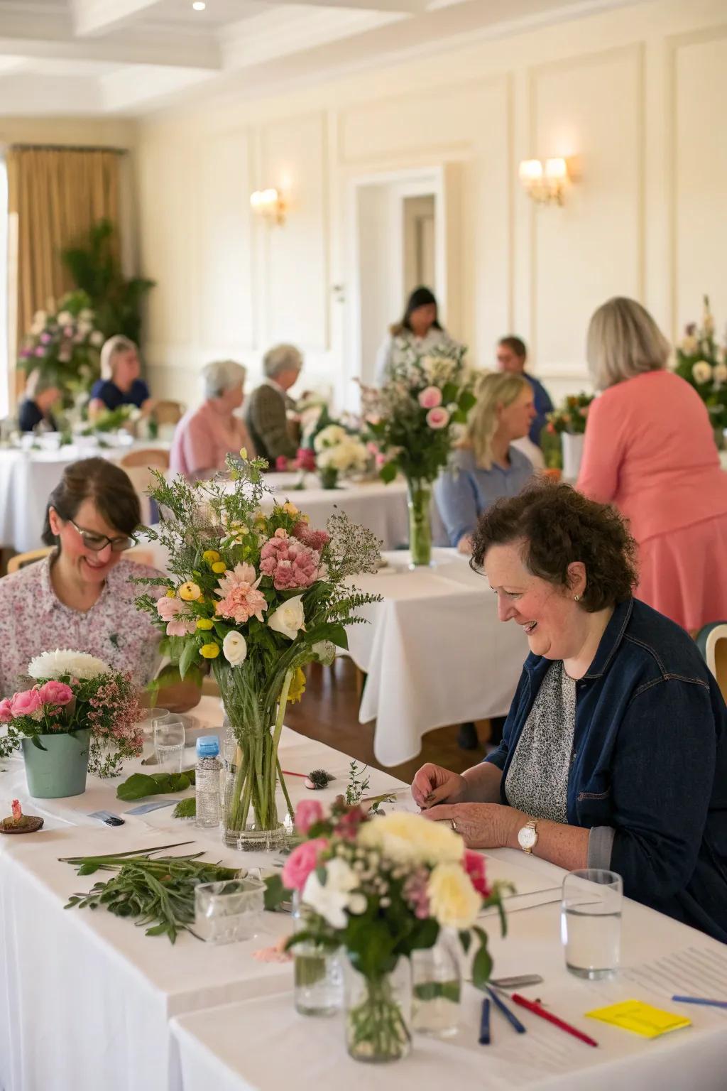Guests enjoying a DIY floral workshop at a home wedding.