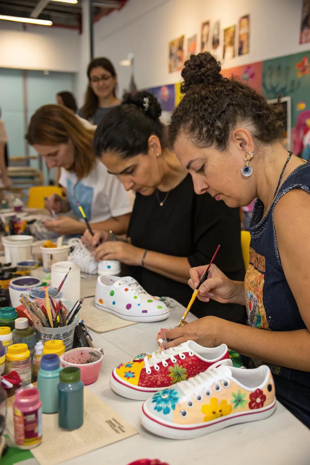 Guests getting creative at a footwear customization station.