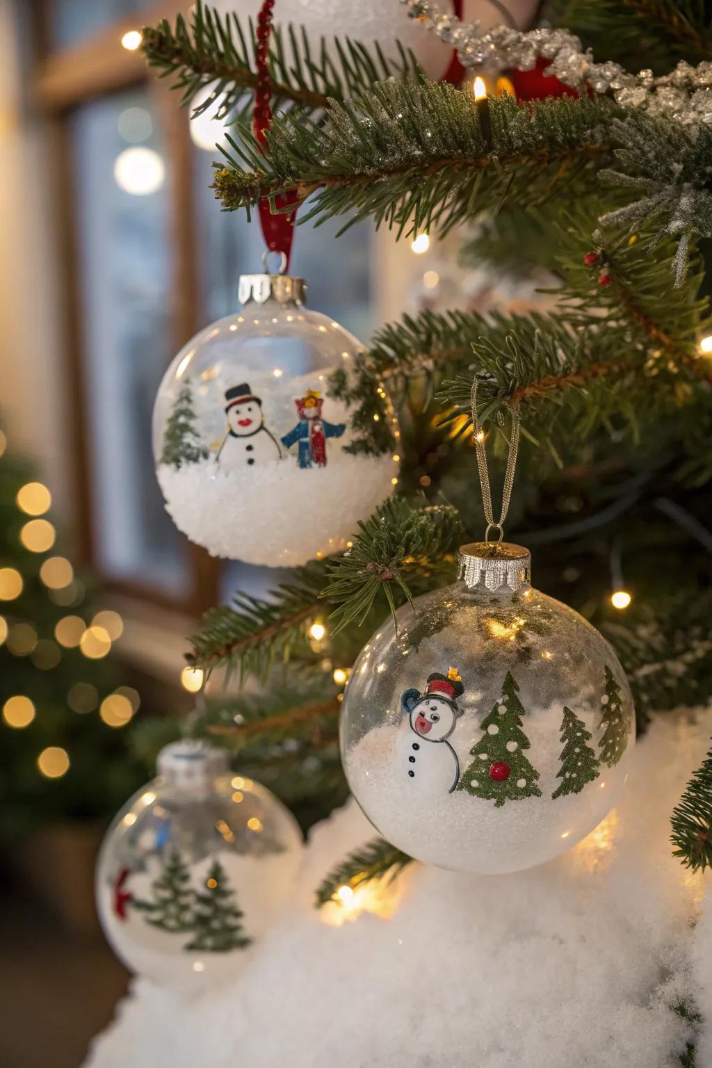 Mini snow figure spheres add a magical element to holiday decorations.