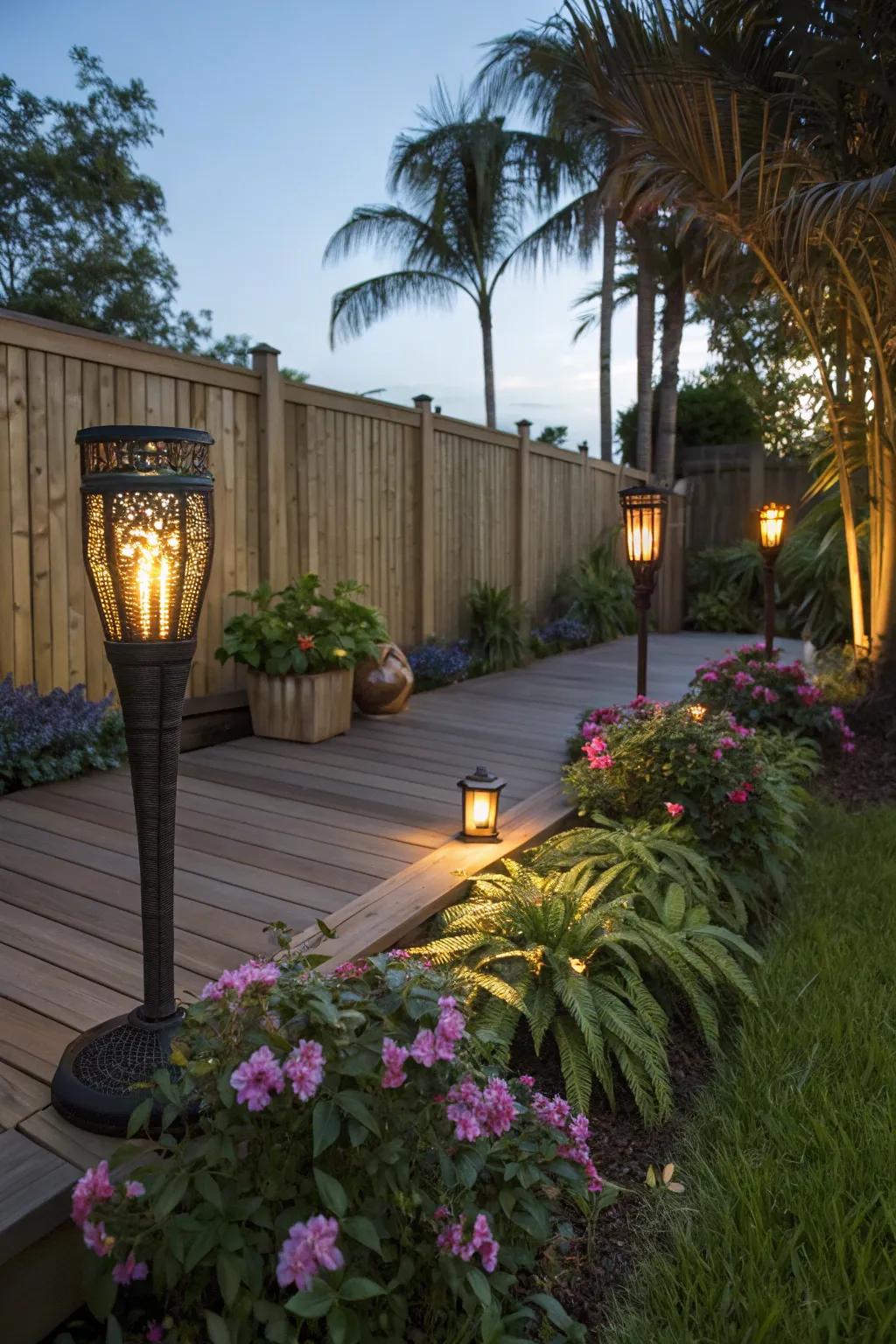 Sunlight fire lights give your deck a tropical flair.
