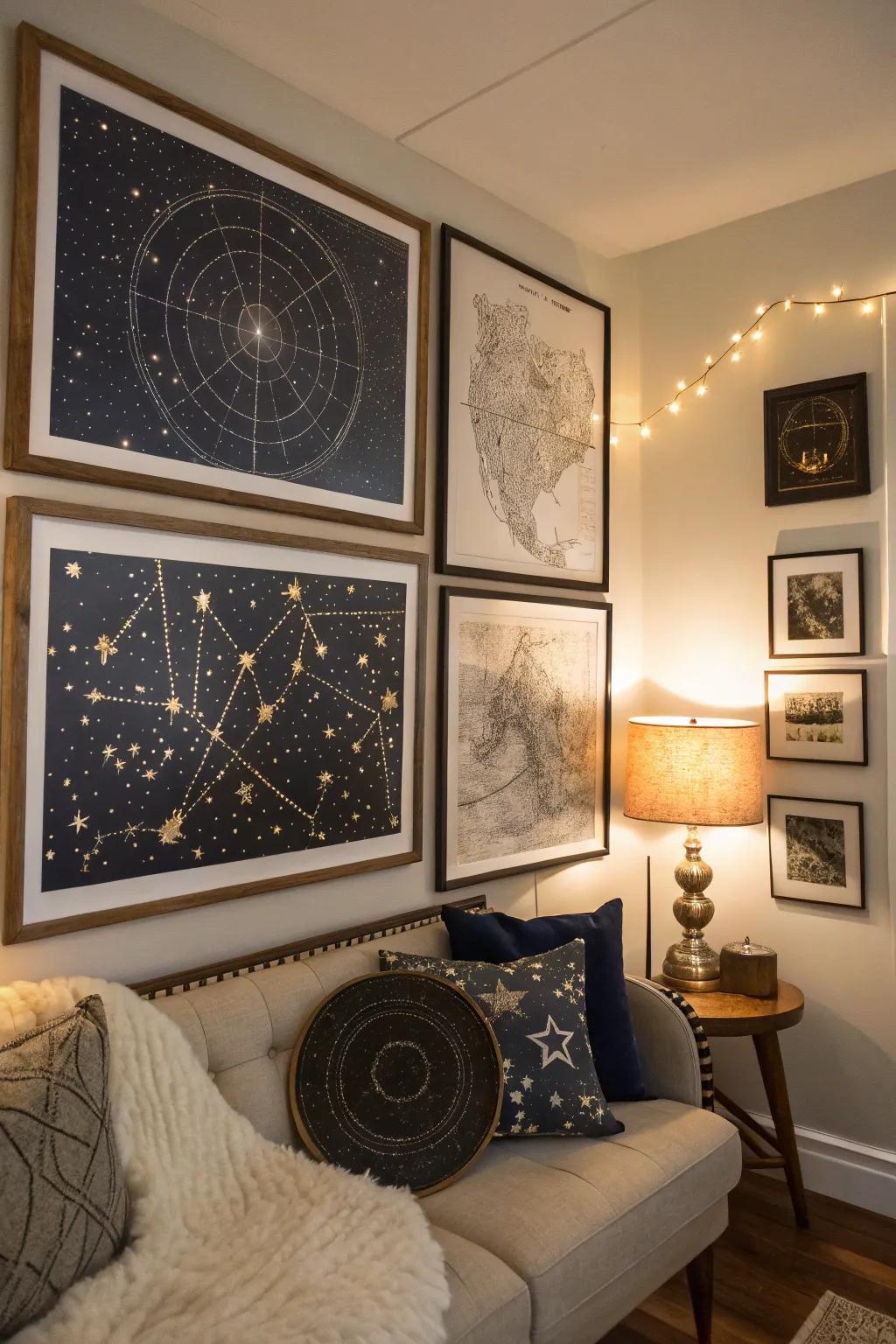 Configuration wall art mixes elegance with astronomy.