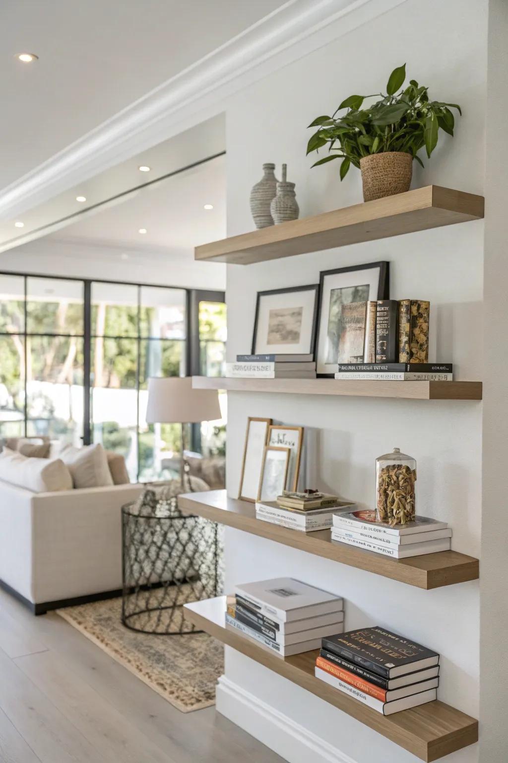 Elevated display ledges add style without taking up floor space.