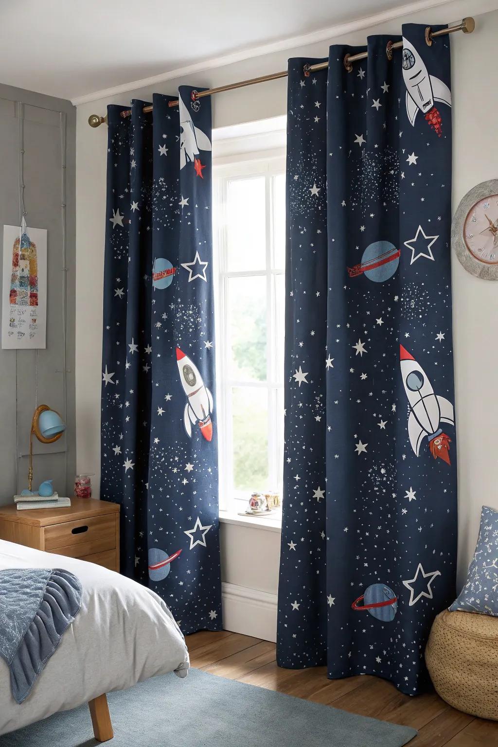 Space-themed curtains that enhance the space's aesthetic.