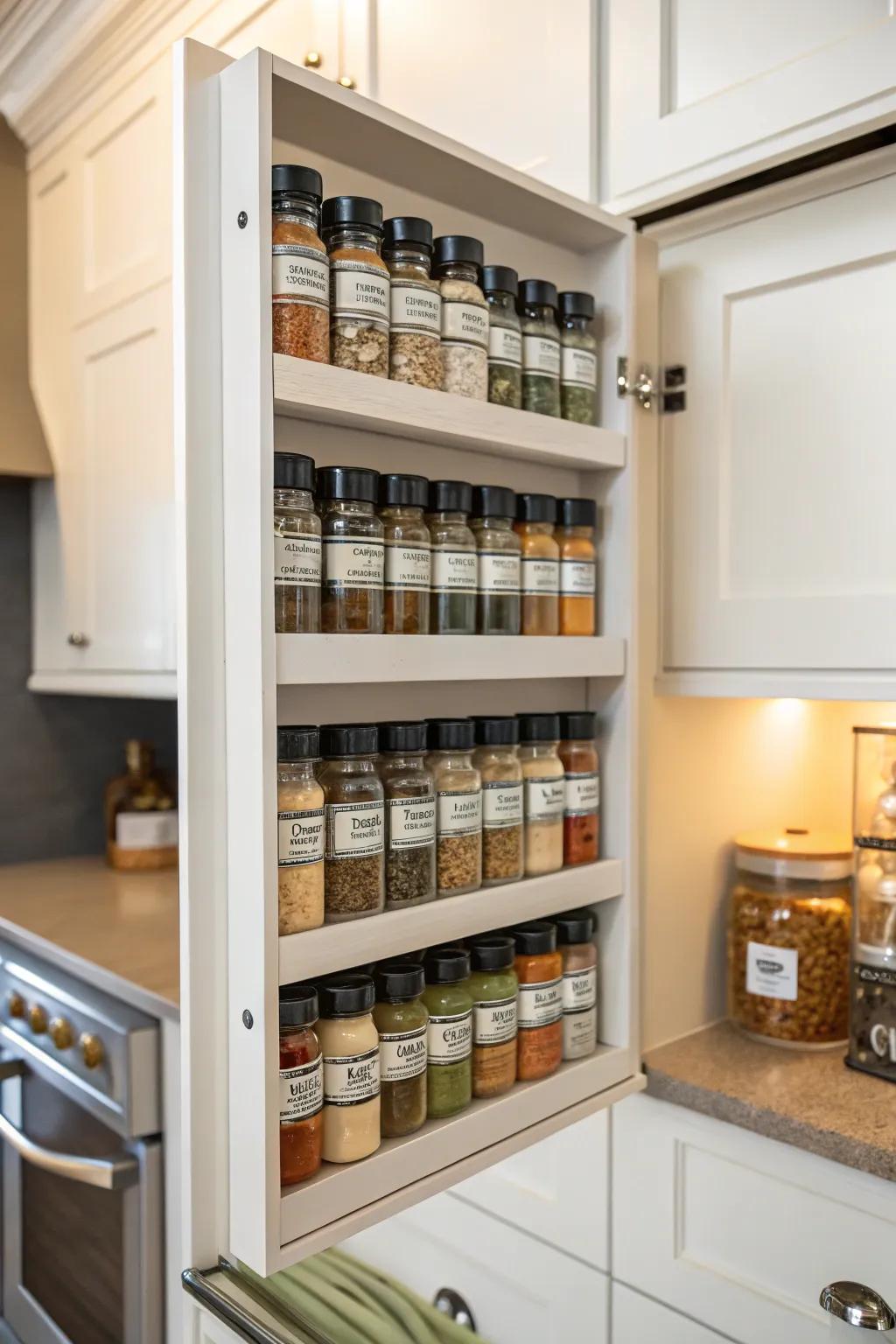A streamlined U-shaped spice rack that fits snugly in cabinets.