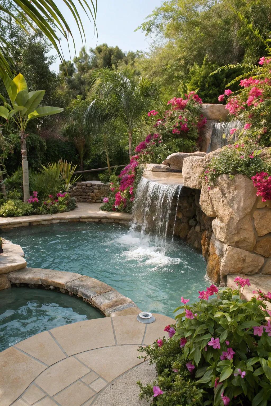 Create a serene atmosphere with a waterfall compact pool.