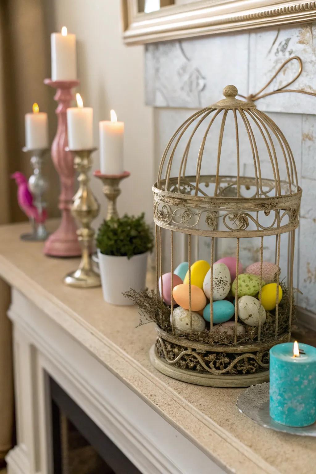 A cage display introduces a surprising aspect to the mantel.