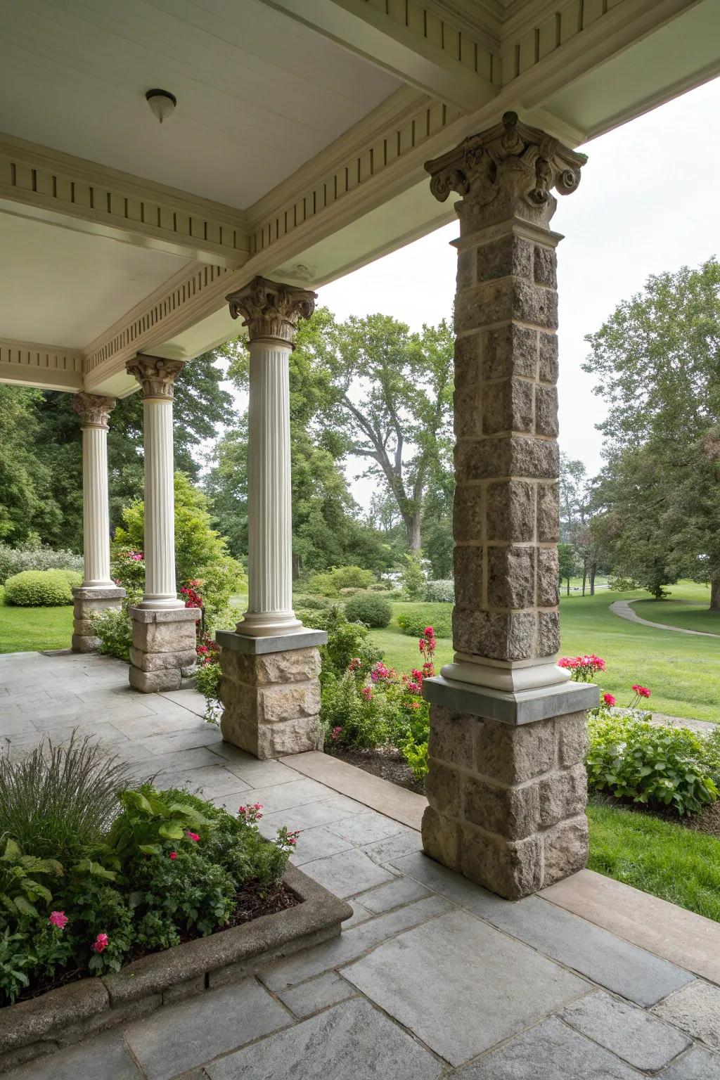 Stone-wrapped foundations add rugged elegance to rectangular pillars.