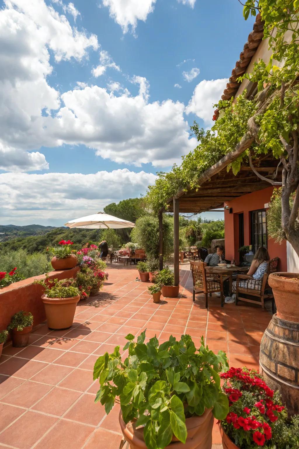 A Tuscan-inspired patio featuring warm terracotta concrete tints.