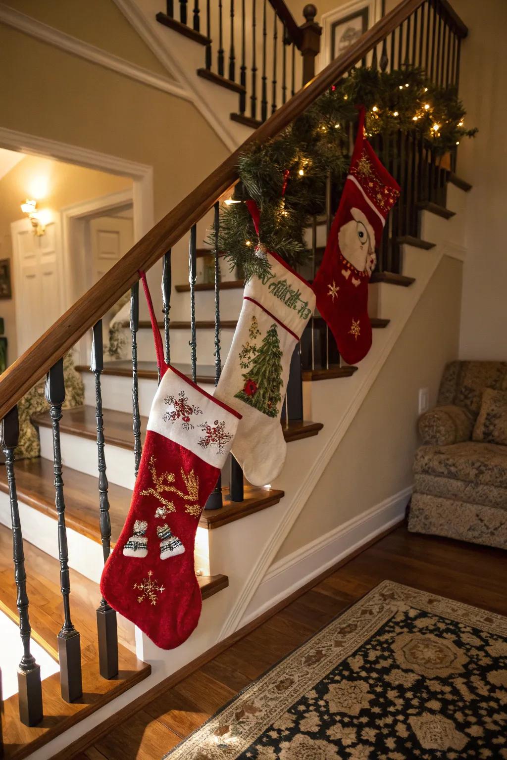 Comfortable holiday textile bags inject warmth into the staircase design.