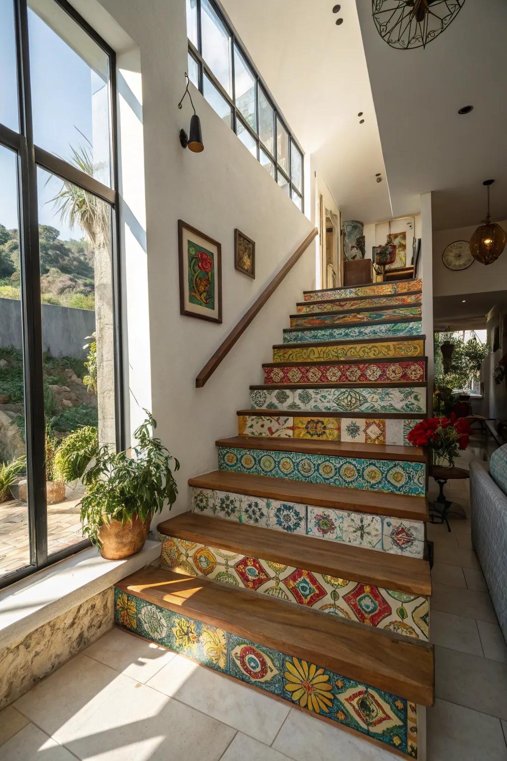 Tiled step faces append artistic hue and design to this stairwell.