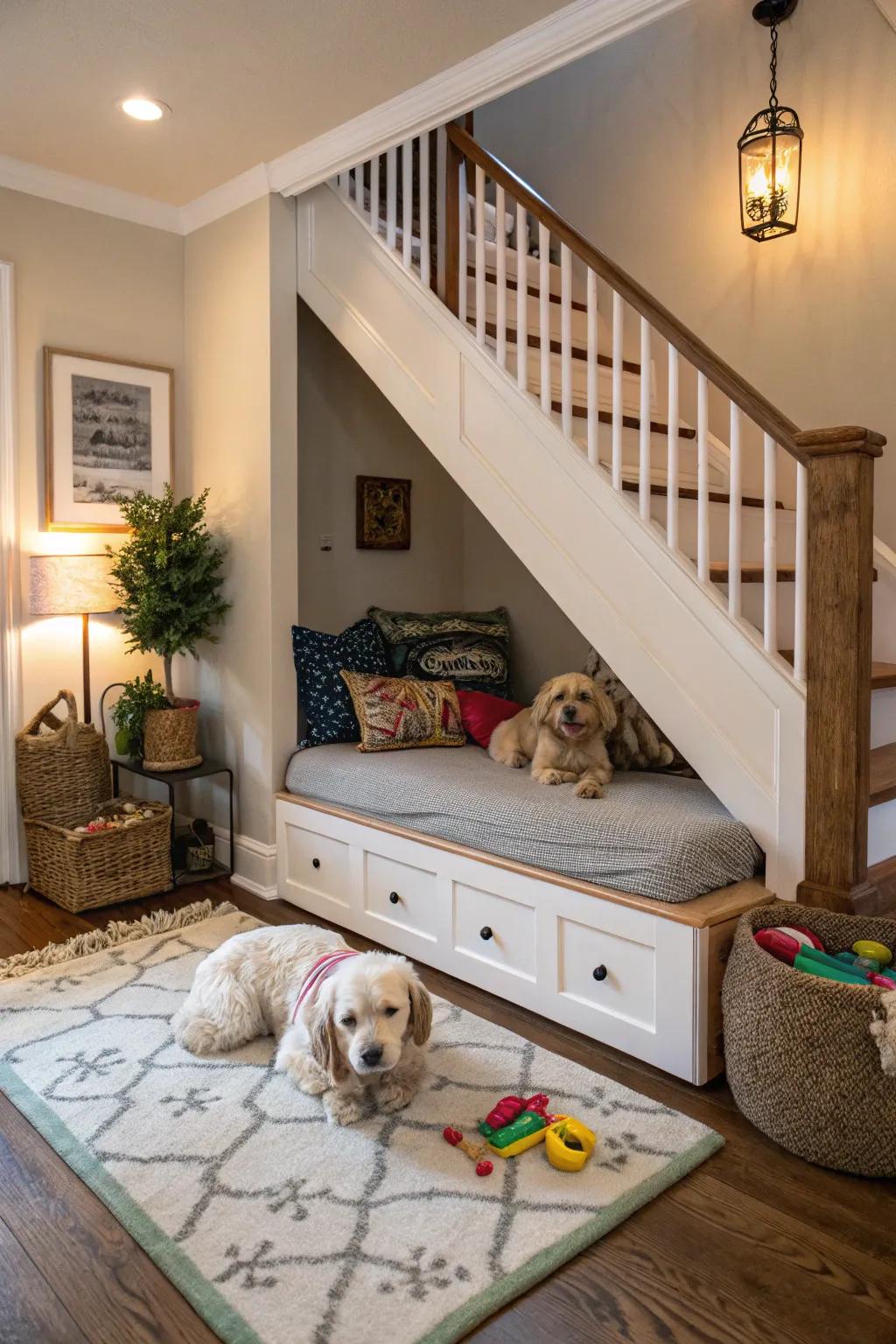 Indulge your pets through their own special nook beneath the staircase.