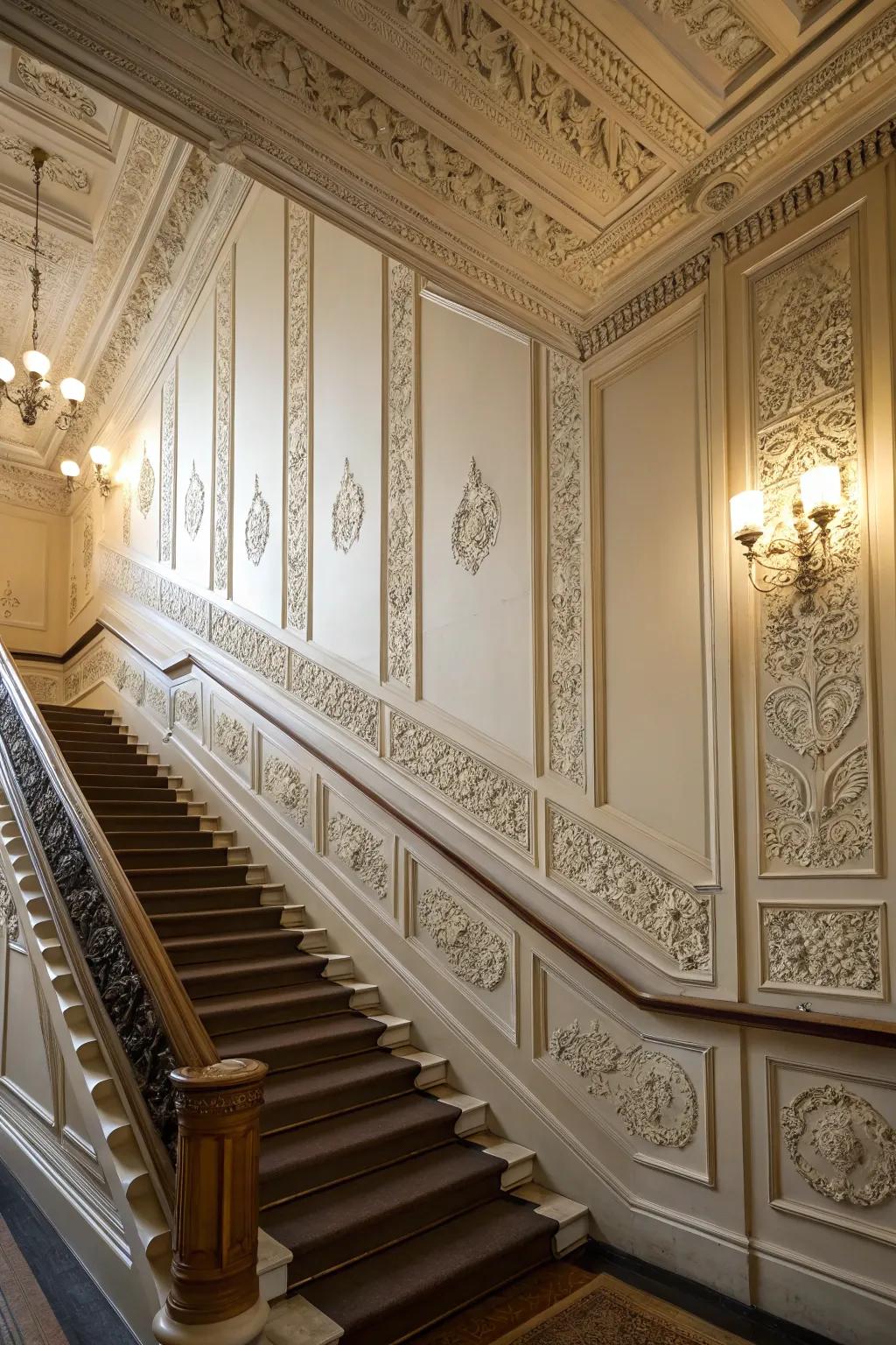 Architectural moldings offer a hint of timeless elegance to staircase walls.