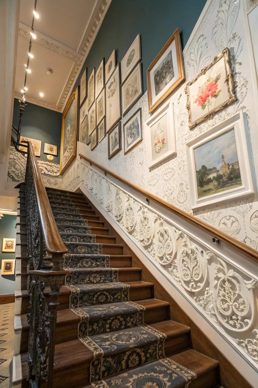 A wall exhibition with trim borders contributes a creative spin.
