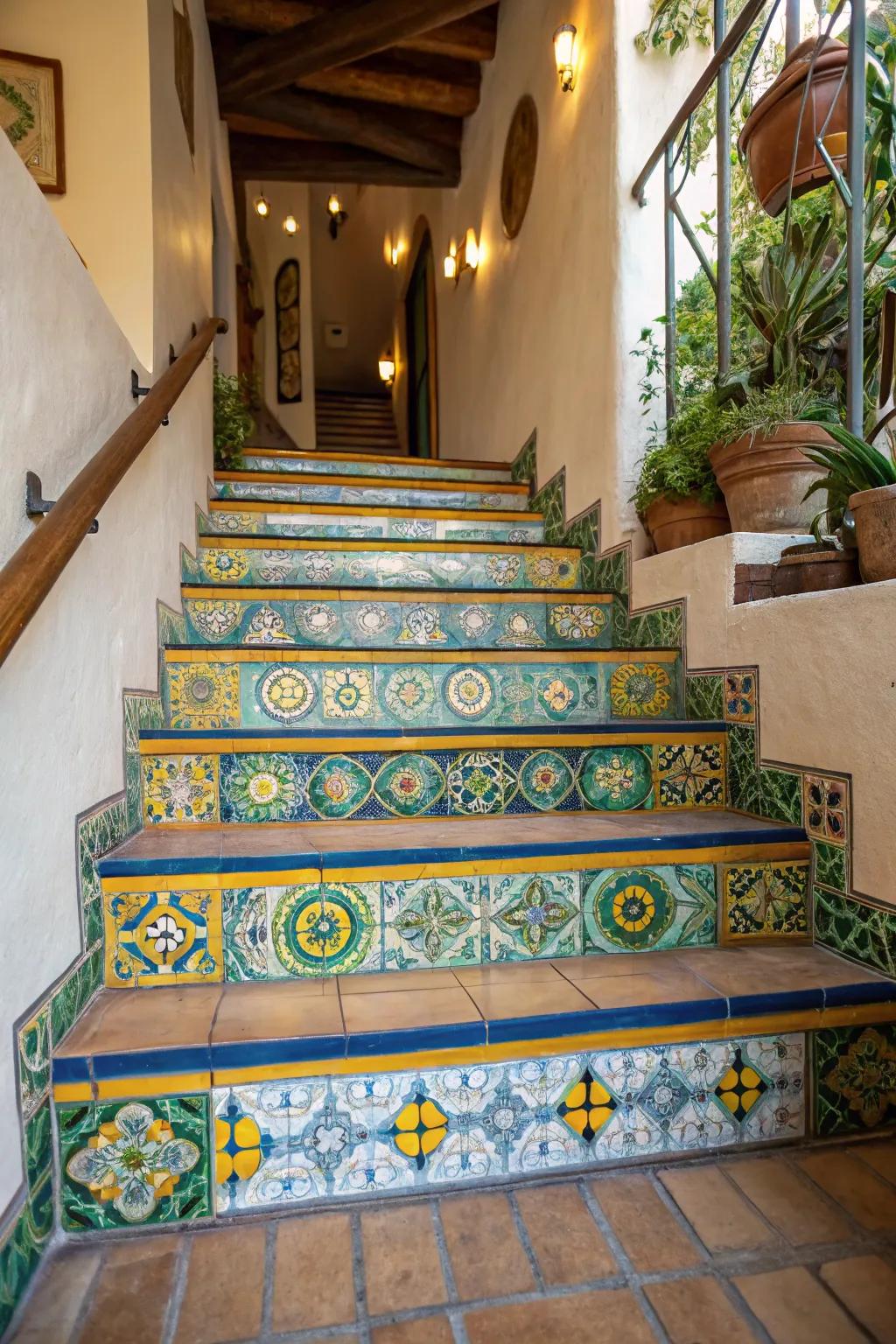 Generate a Mediterranean sensation using multihued tiled risers.