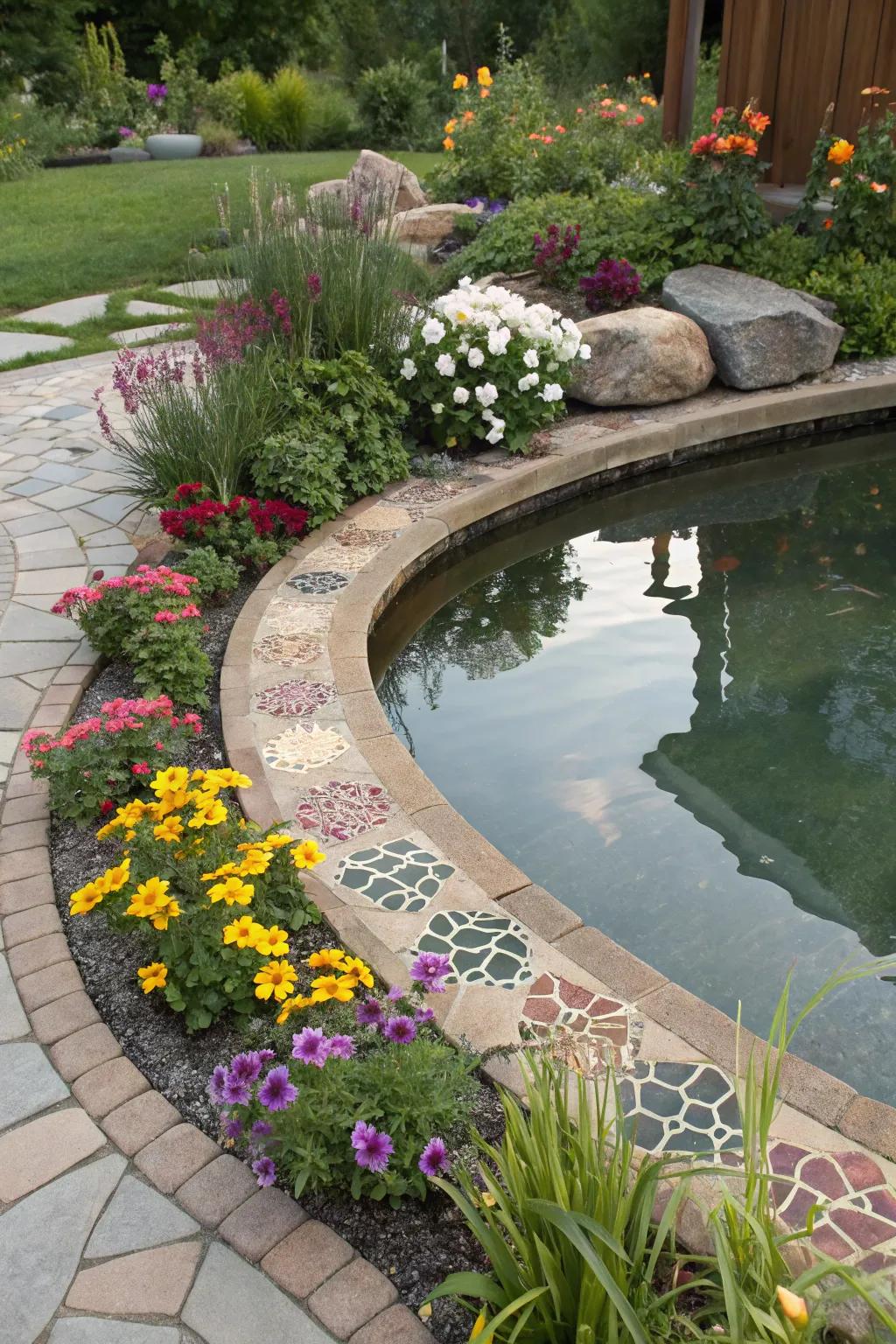 Garden pond featuring an artistic simulated mosaic stamped concrete perimeter