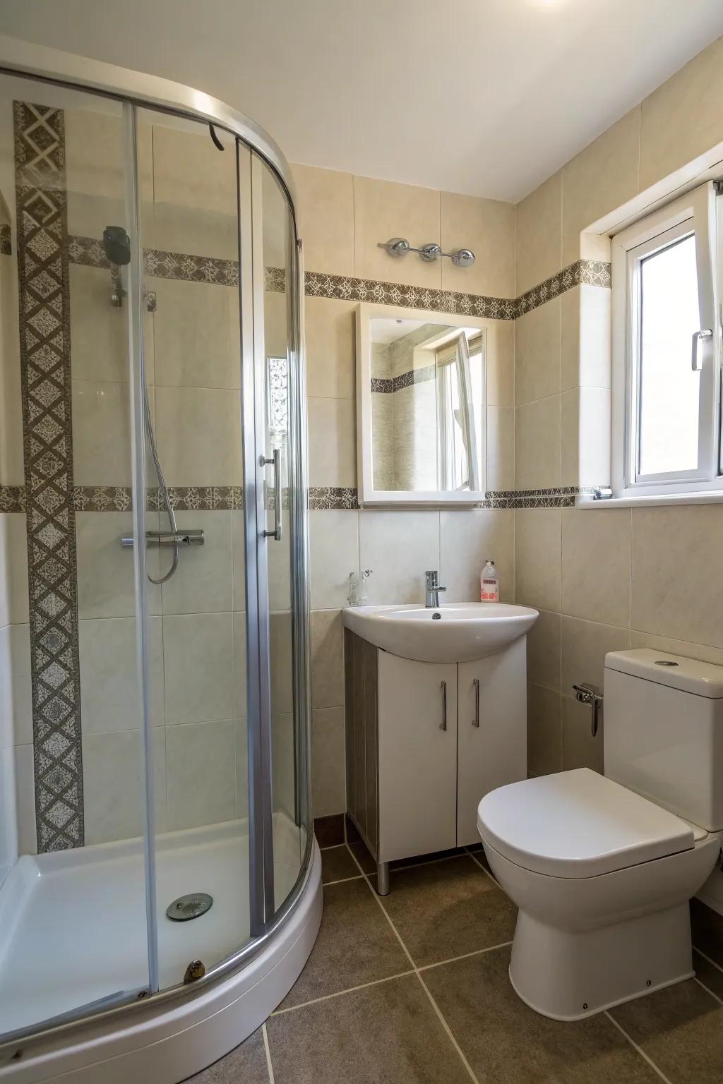 Corner showers optimize area in smaller bathrooms.