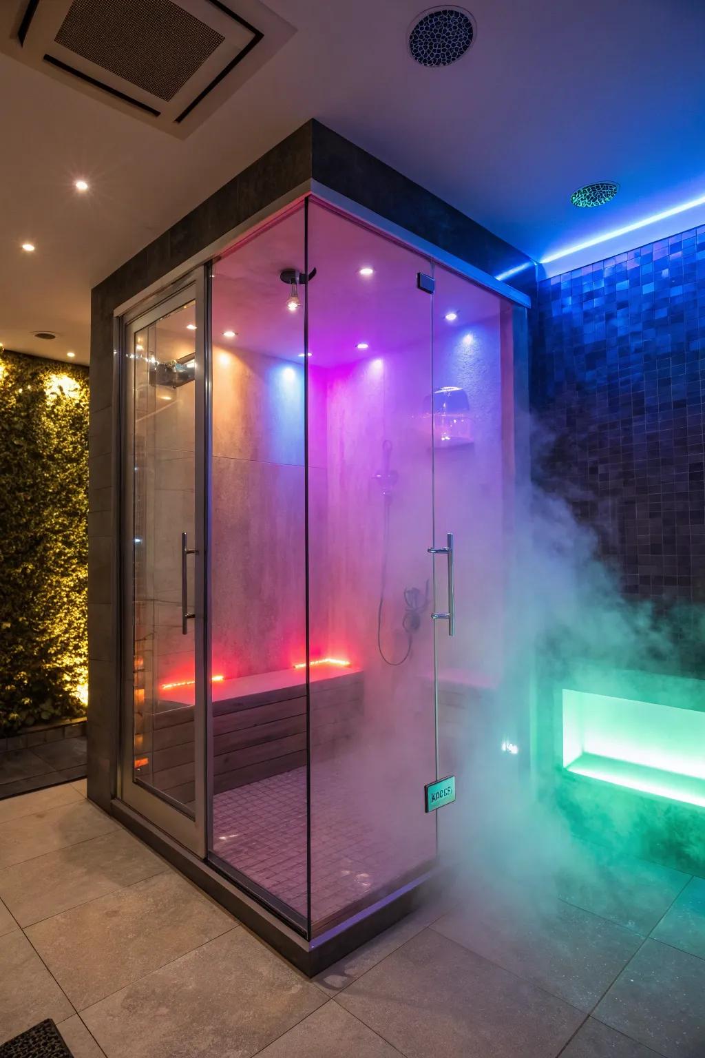 Color therapy illumination adds a personalized aspect to steam enclosures.