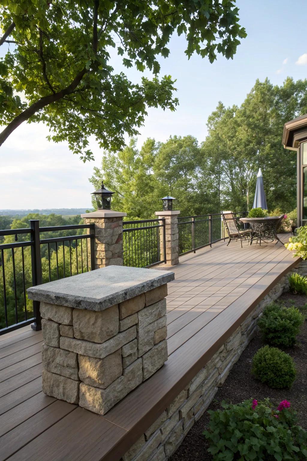 A contemporary deck spotlighting an elegant fusion of rock skirting and alloy details.